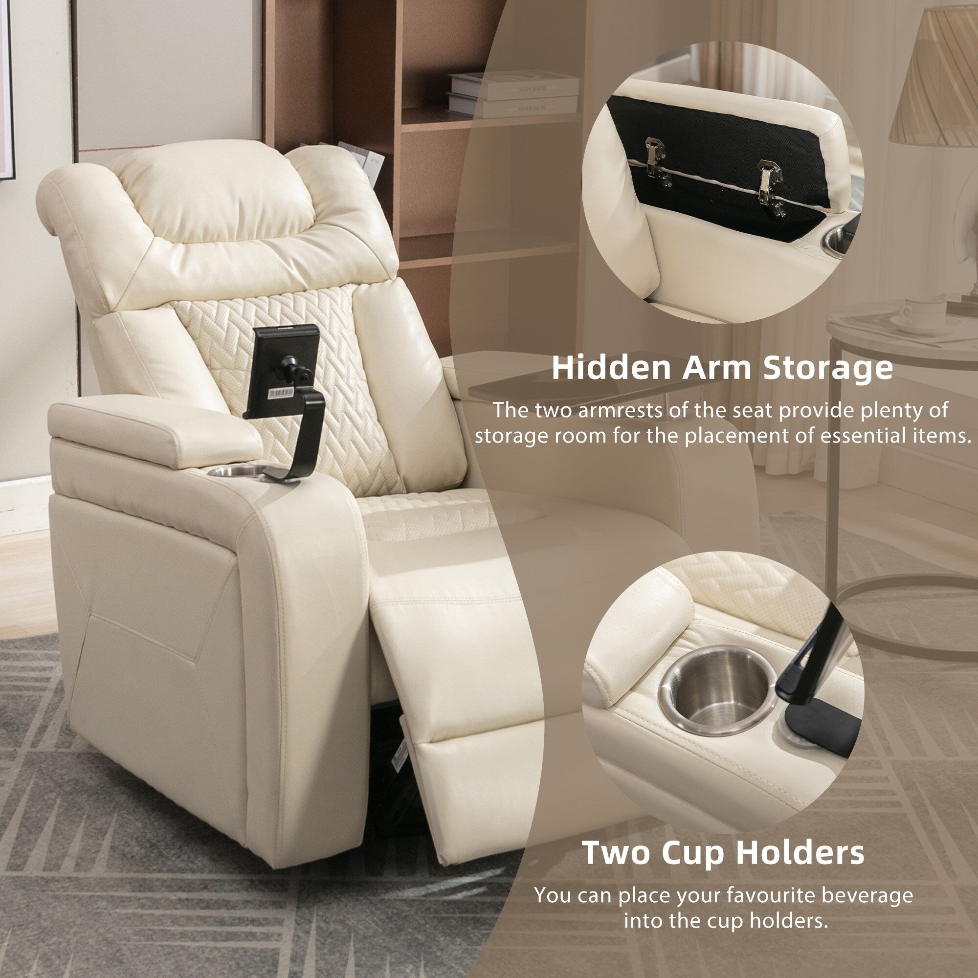 Fauteuil inclinable électrique pivotant à 270° en cuir PU avec support de dossier, tablette, support de téléphone, port USB et rangement dissimulé pour les accoudoirs.