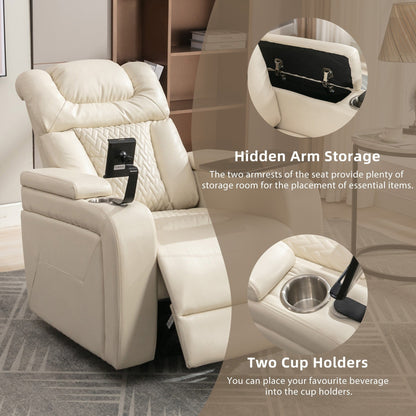 Fauteuil inclinable électrique pivotant à 270° en cuir PU avec support de dossier, tablette, support de téléphone, port USB et rangement dissimulé pour les accoudoirs.