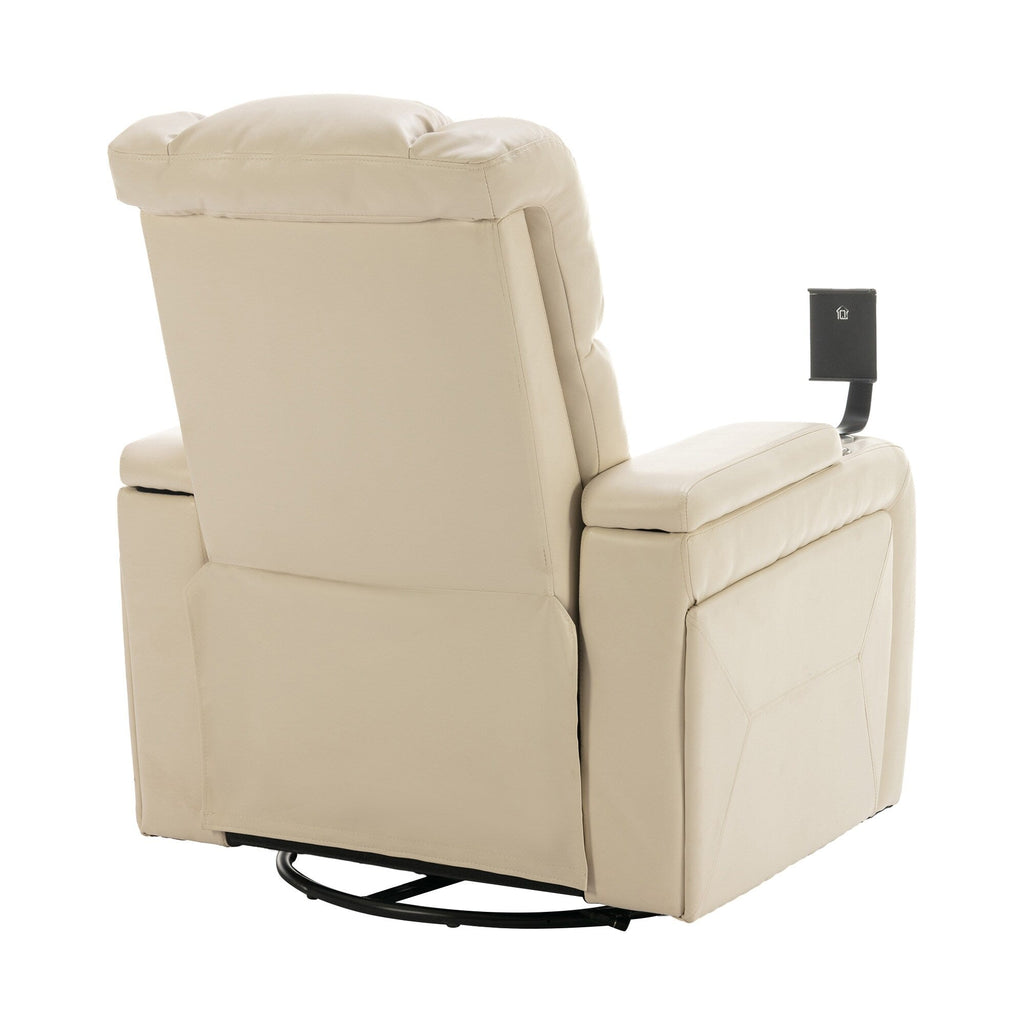 Fauteuil inclinable électrique pivotant à 270° en cuir PU avec support de dossier, tablette, support de téléphone, port USB et rangement dissimulé pour les accoudoirs.