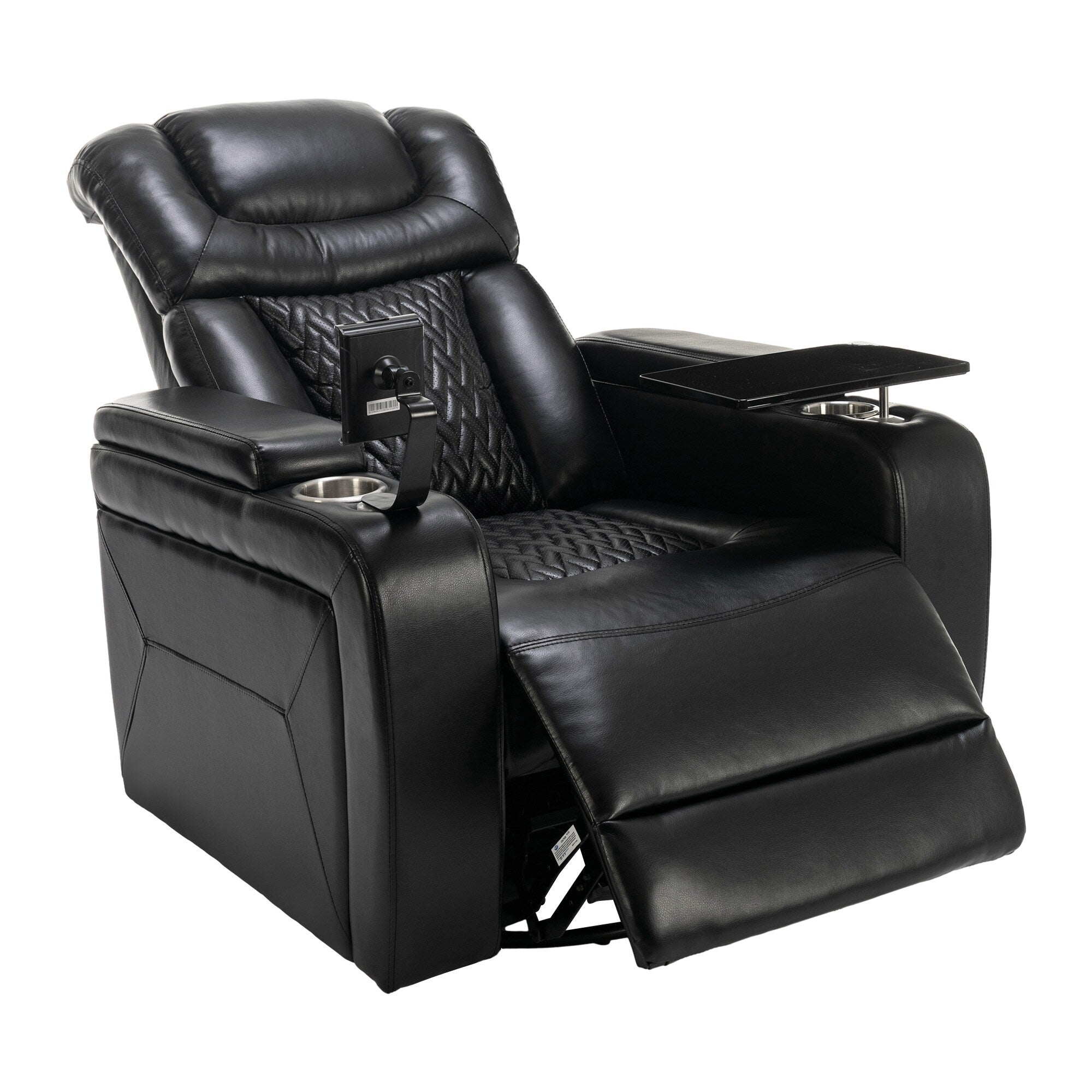 Fauteuil inclinable électrique pivotant à 270° en cuir PU avec support de dossier, tablette, support de téléphone, port USB et rangement dissimulé pour les accoudoirs.