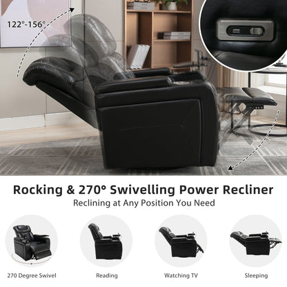 Fauteuil inclinable électrique pivotant à 270° en cuir PU avec support de dossier, tablette, support de téléphone, port USB et rangement dissimulé pour les accoudoirs.