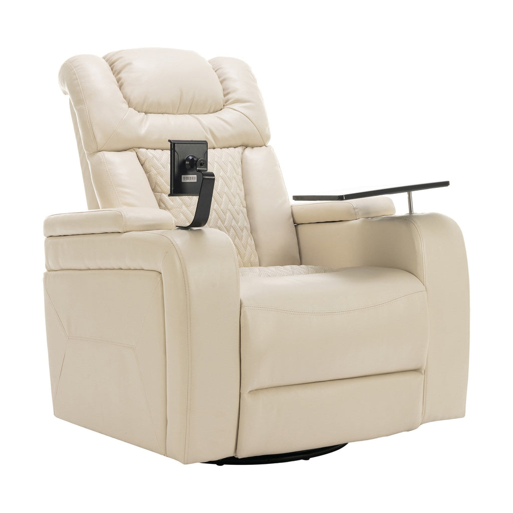 Fauteuil inclinable électrique pivotant à 270° en cuir PU avec support de dossier, tablette, support de téléphone, port USB et rangement dissimulé pour les accoudoirs.