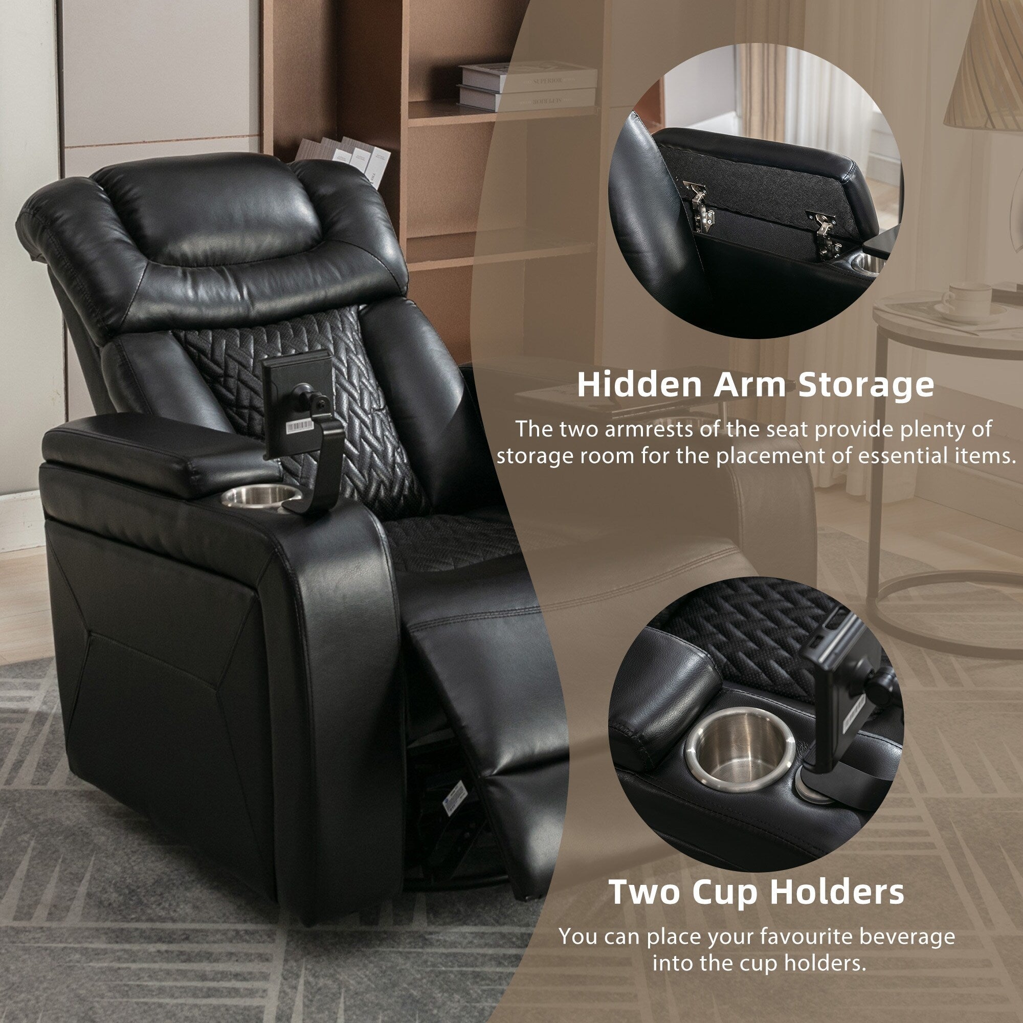 Fauteuil inclinable électrique pivotant à 270° en cuir PU avec support de dossier, tablette, support de téléphone, port USB et rangement dissimulé pour les accoudoirs.