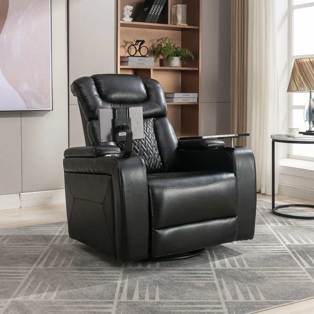 Fauteuil inclinable électrique pivotant à 270° en cuir PU avec support de dossier, tablette, support de téléphone, port USB et rangement dissimulé pour les accoudoirs.