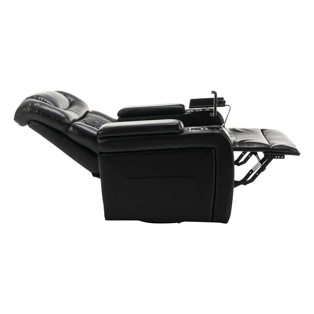 Fauteuil inclinable électrique pivotant à 270° en cuir PU avec support de dossier, tablette, support de téléphone, port USB et rangement dissimulé pour les accoudoirs.