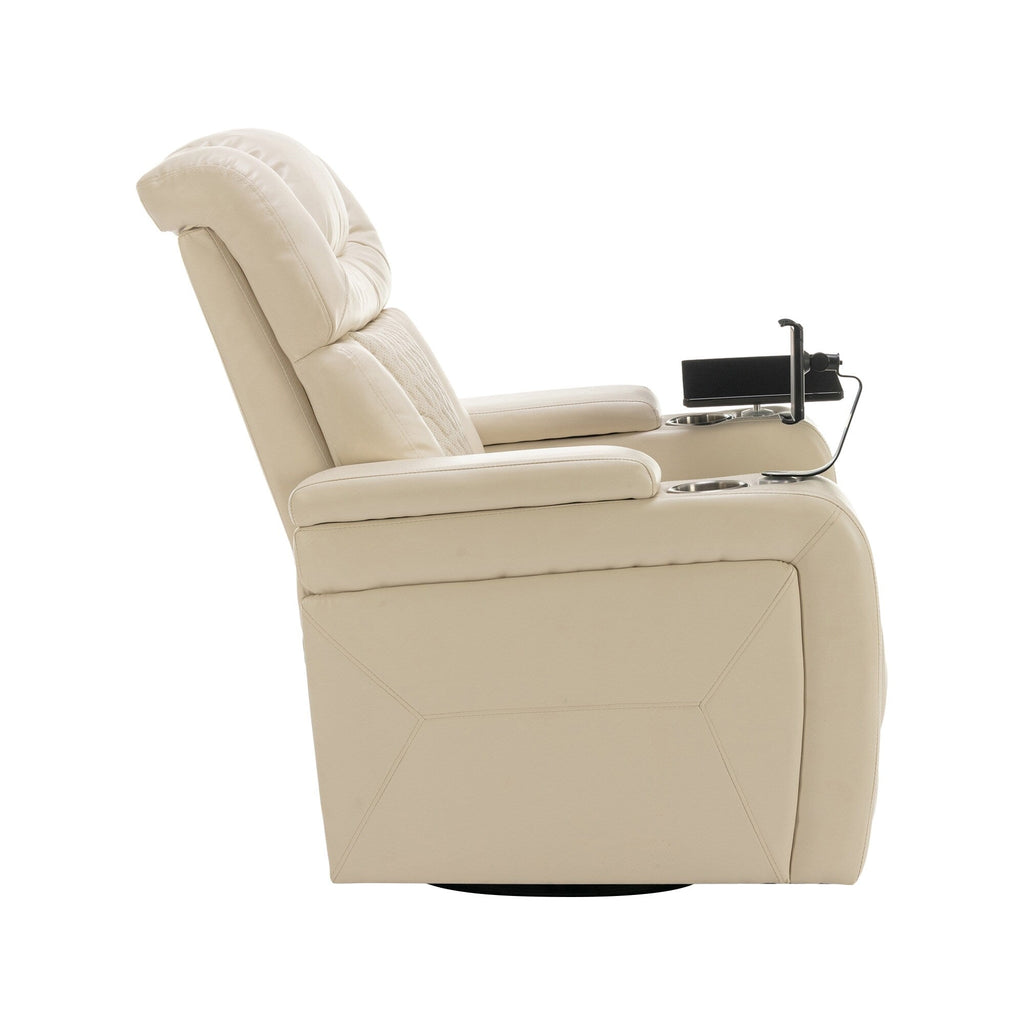 Fauteuil inclinable électrique pivotant à 270° en cuir PU avec support de dossier, tablette, support de téléphone, port USB et rangement dissimulé pour les accoudoirs.