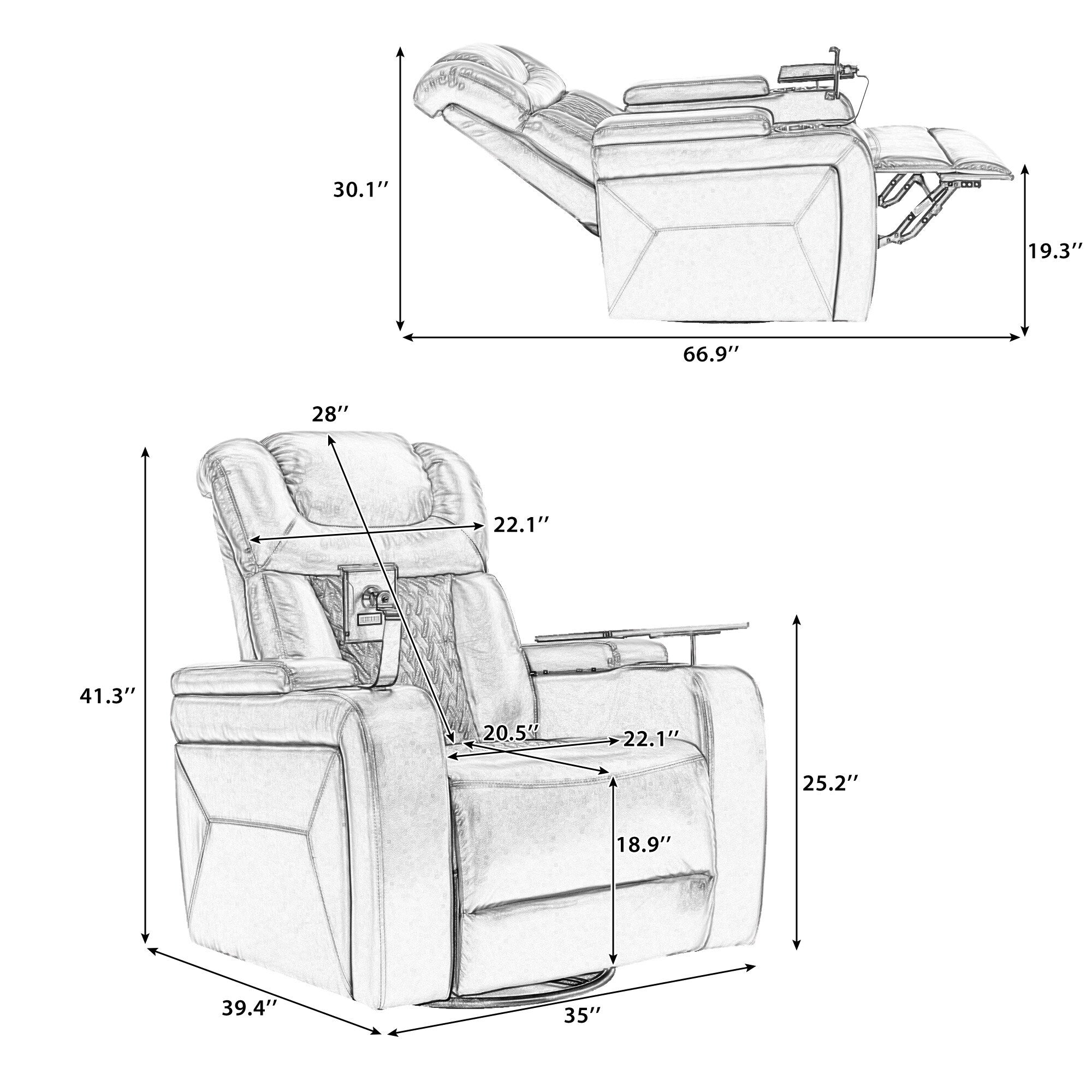 Fauteuil inclinable électrique pivotant à 270° en cuir PU avec support de dossier, tablette, support de téléphone, port USB et rangement dissimulé pour les accoudoirs.