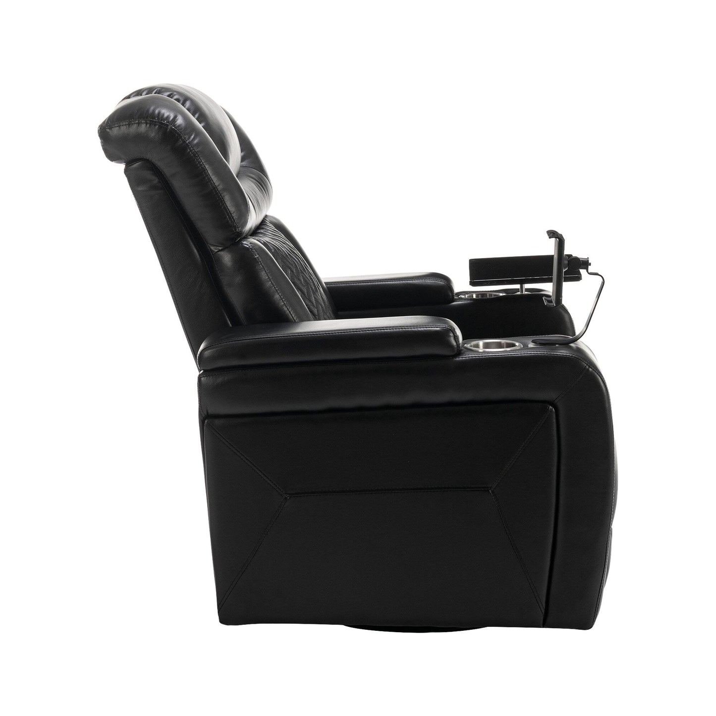 Fauteuil inclinable électrique pivotant à 270° en cuir PU avec support de dossier, tablette, support de téléphone, port USB et rangement dissimulé pour les accoudoirs.