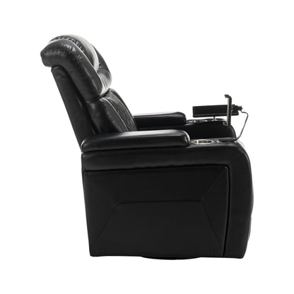 Fauteuil inclinable électrique pivotant à 270° en cuir PU avec support de dossier, tablette, support de téléphone, port USB et rangement dissimulé pour les accoudoirs.
