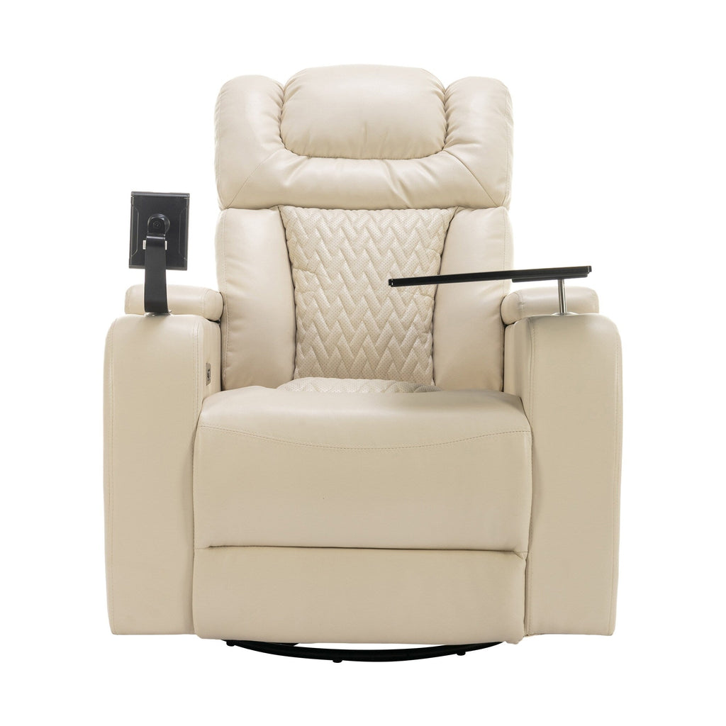 Fauteuil inclinable électrique pivotant à 270° en cuir PU avec support de dossier, tablette, support de téléphone, port USB et rangement dissimulé pour les accoudoirs.