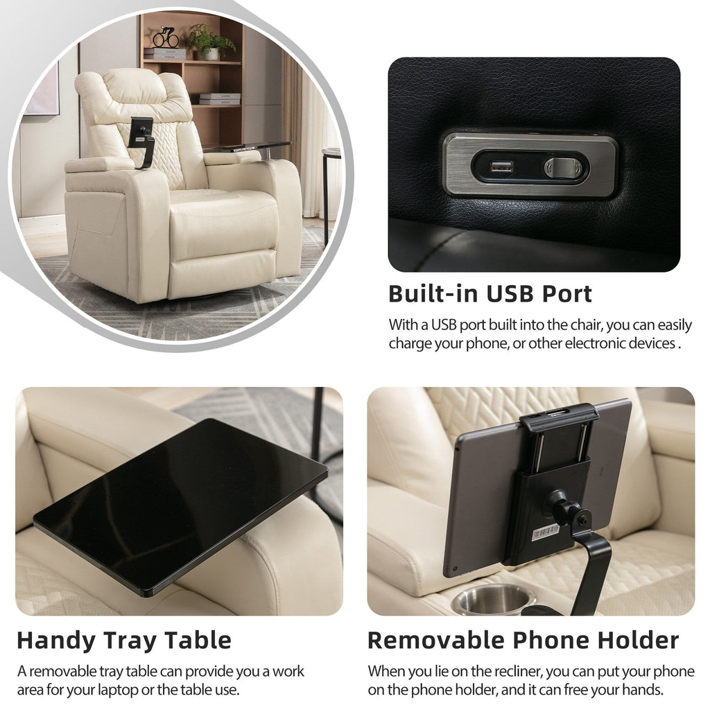 Fauteuil inclinable électrique pivotant à 270° en cuir PU avec support de dossier, tablette, support de téléphone, port USB et rangement dissimulé pour les accoudoirs.