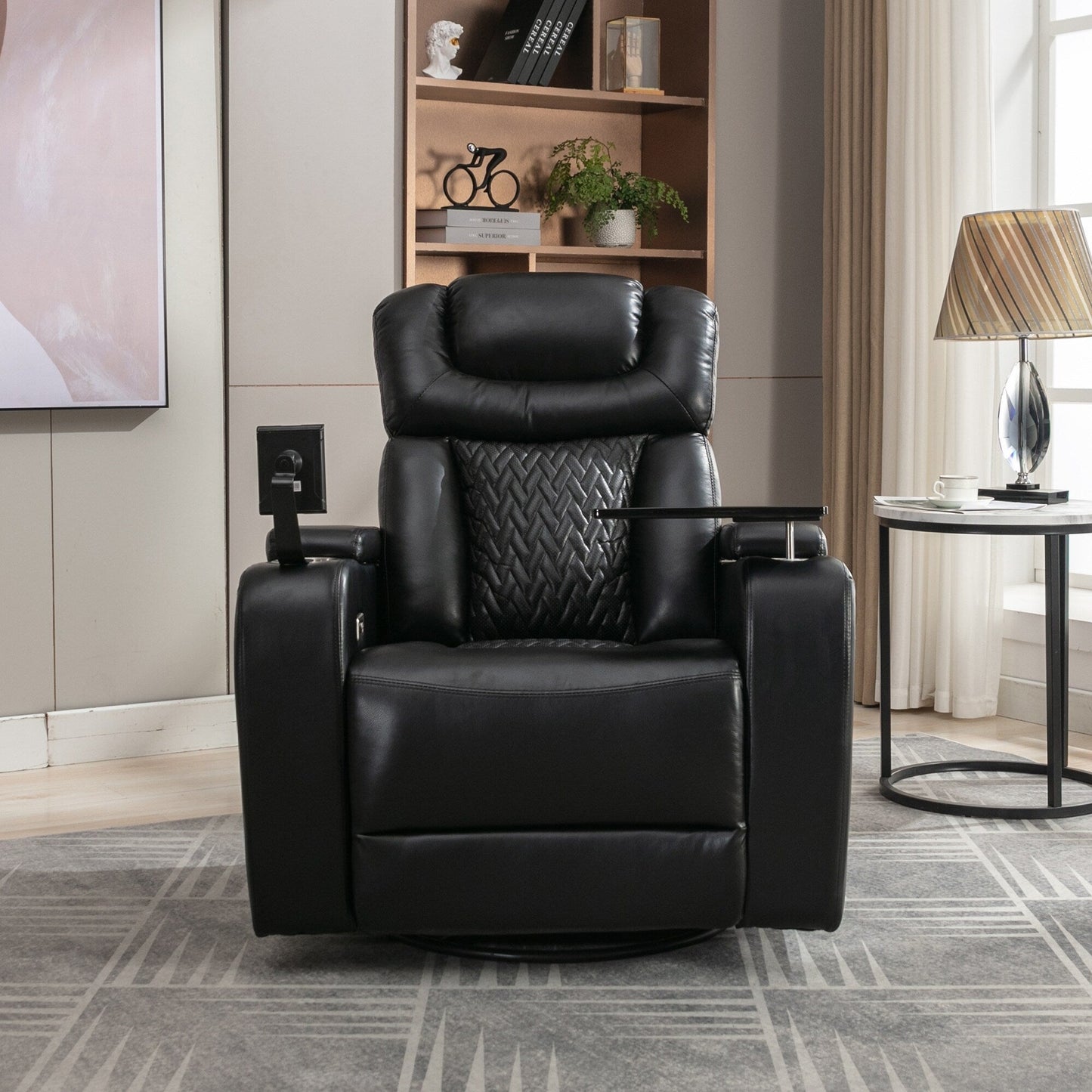 Fauteuil inclinable électrique pivotant à 270° en cuir PU avec support de dossier, tablette, support de téléphone, port USB et rangement dissimulé pour les accoudoirs.