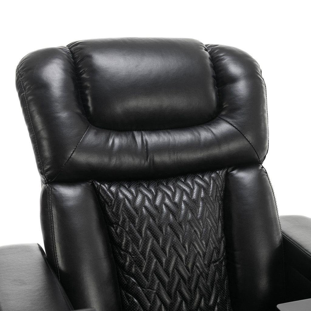 Fauteuil inclinable électrique pivotant à 270° en cuir PU avec support de dossier, tablette, support de téléphone, port USB et rangement dissimulé pour les accoudoirs.