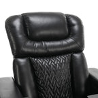 Fauteuil inclinable électrique pivotant à 270° en cuir PU avec support de dossier, tablette, support de téléphone, port USB et rangement dissimulé pour les accoudoirs.