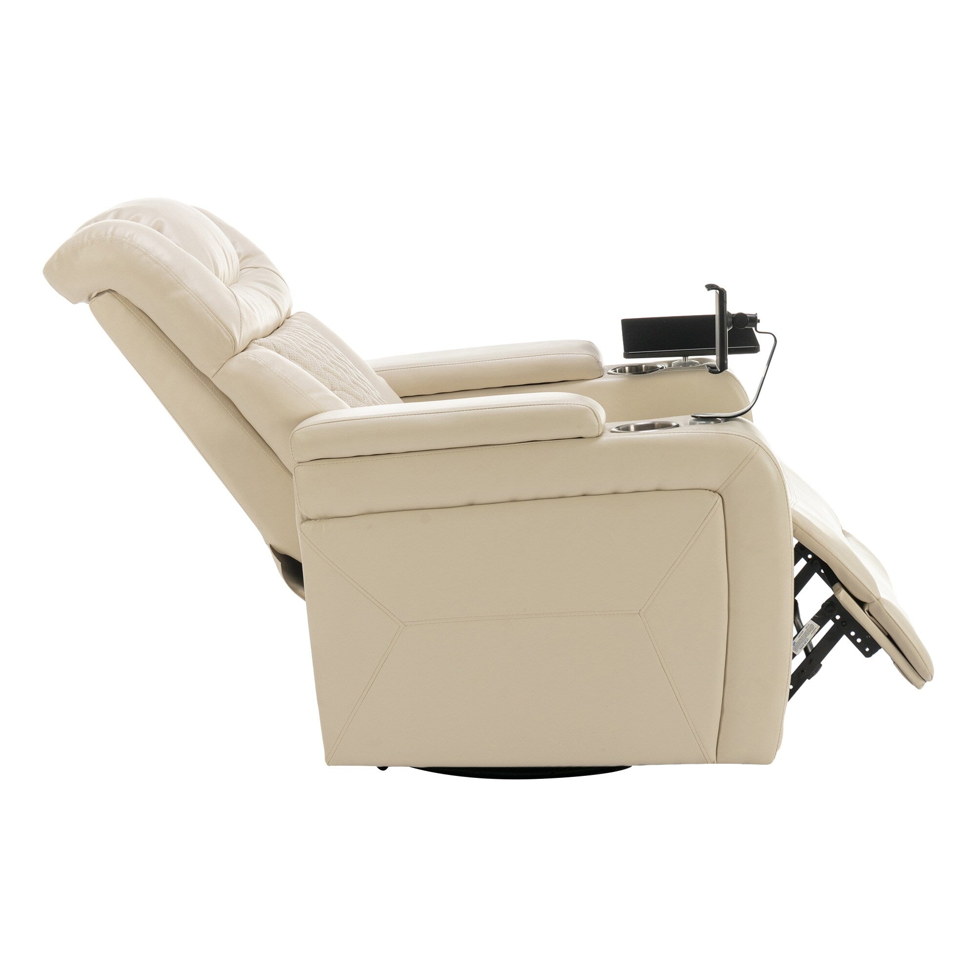 Fauteuil inclinable électrique pivotant à 270° en cuir PU avec support de dossier, tablette, support de téléphone, port USB et rangement dissimulé pour les accoudoirs.