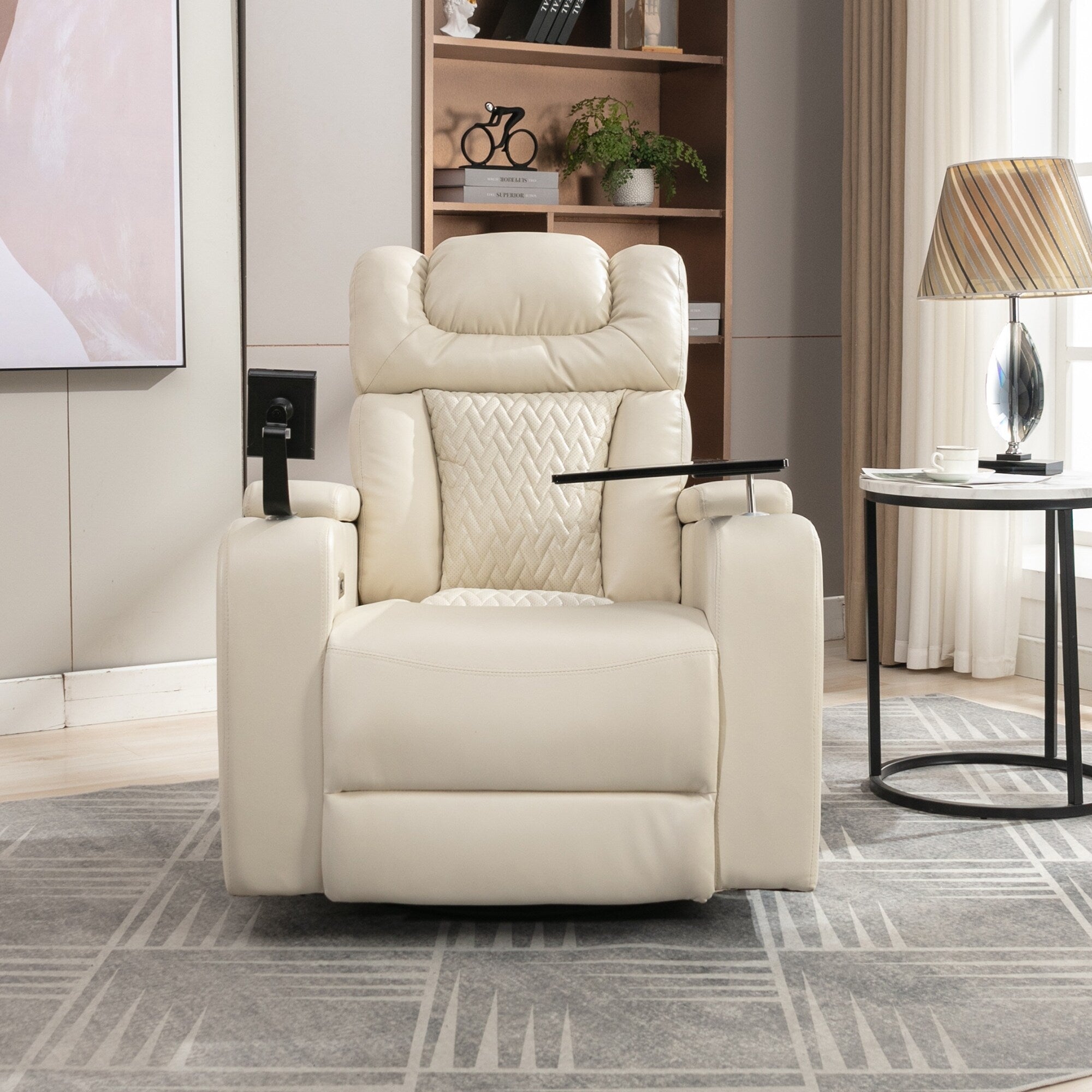 Fauteuil inclinable électrique pivotant à 270° en cuir PU avec support de dossier, tablette, support de téléphone, port USB et rangement dissimulé pour les accoudoirs.