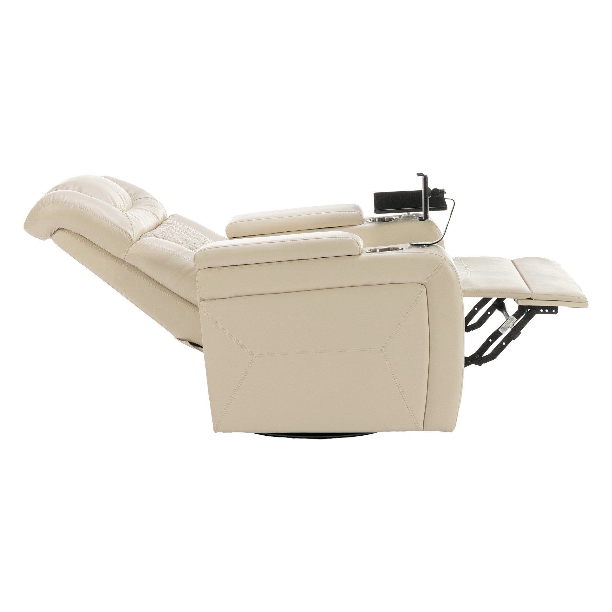 Fauteuil inclinable électrique pivotant à 270° en cuir PU avec support de dossier, tablette, support de téléphone, port USB et rangement dissimulé pour les accoudoirs.