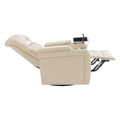 Fauteuil inclinable électrique pivotant à 270° en cuir PU avec support de dossier, tablette, support de téléphone, port USB et rangement dissimulé pour les accoudoirs.