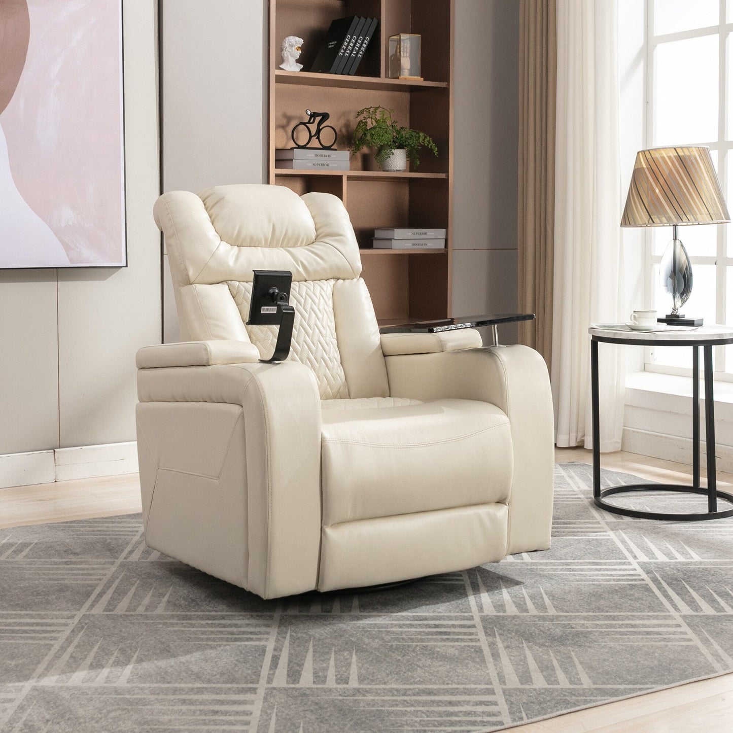 Fauteuil inclinable électrique pivotant à 270° en cuir PU avec support de dossier, tablette, support de téléphone, port USB et rangement dissimulé pour les accoudoirs.