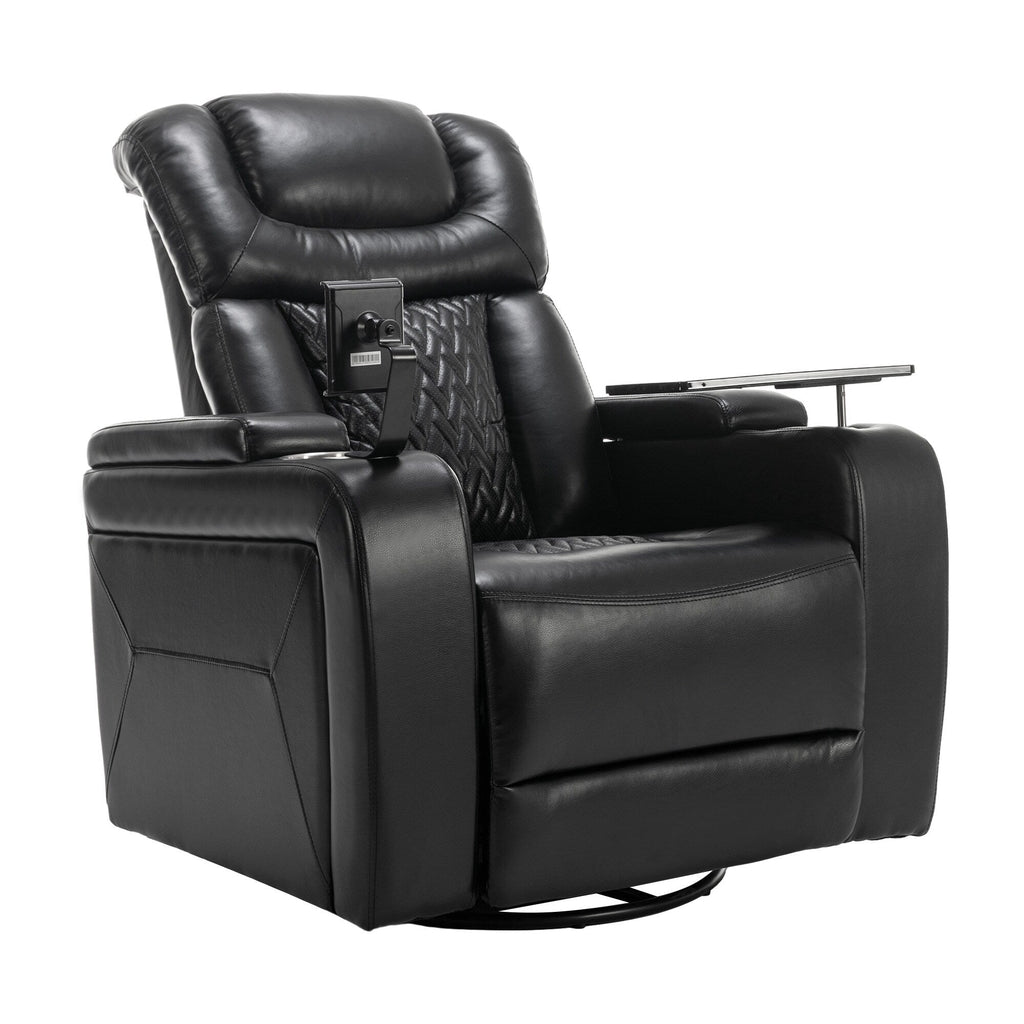 Fauteuil inclinable électrique pivotant à 270° en cuir PU avec support de dossier, tablette, support de téléphone, port USB et rangement dissimulé pour les accoudoirs.