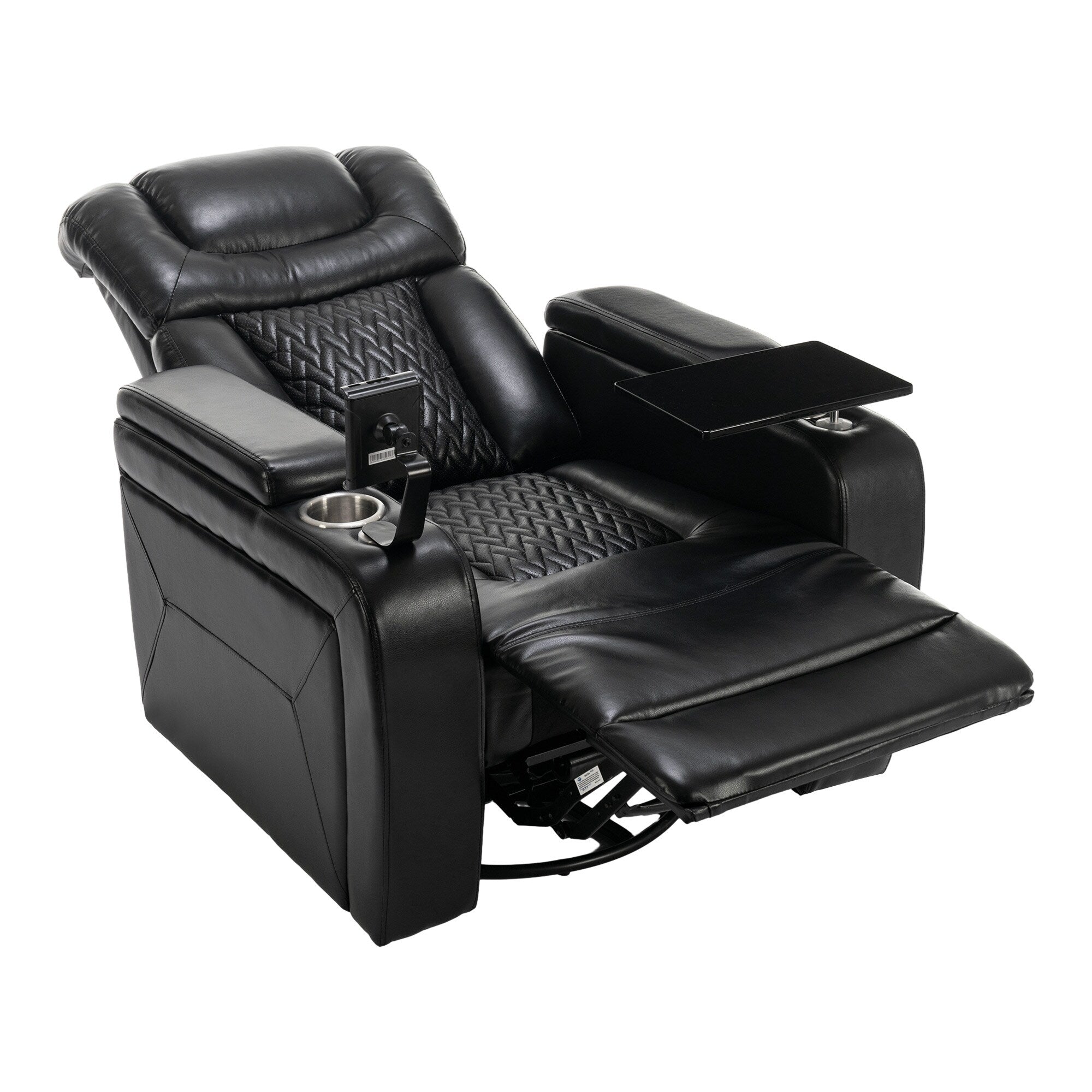 Fauteuil inclinable électrique pivotant à 270° en cuir PU avec support de dossier, tablette, support de téléphone, port USB et rangement dissimulé pour les accoudoirs.