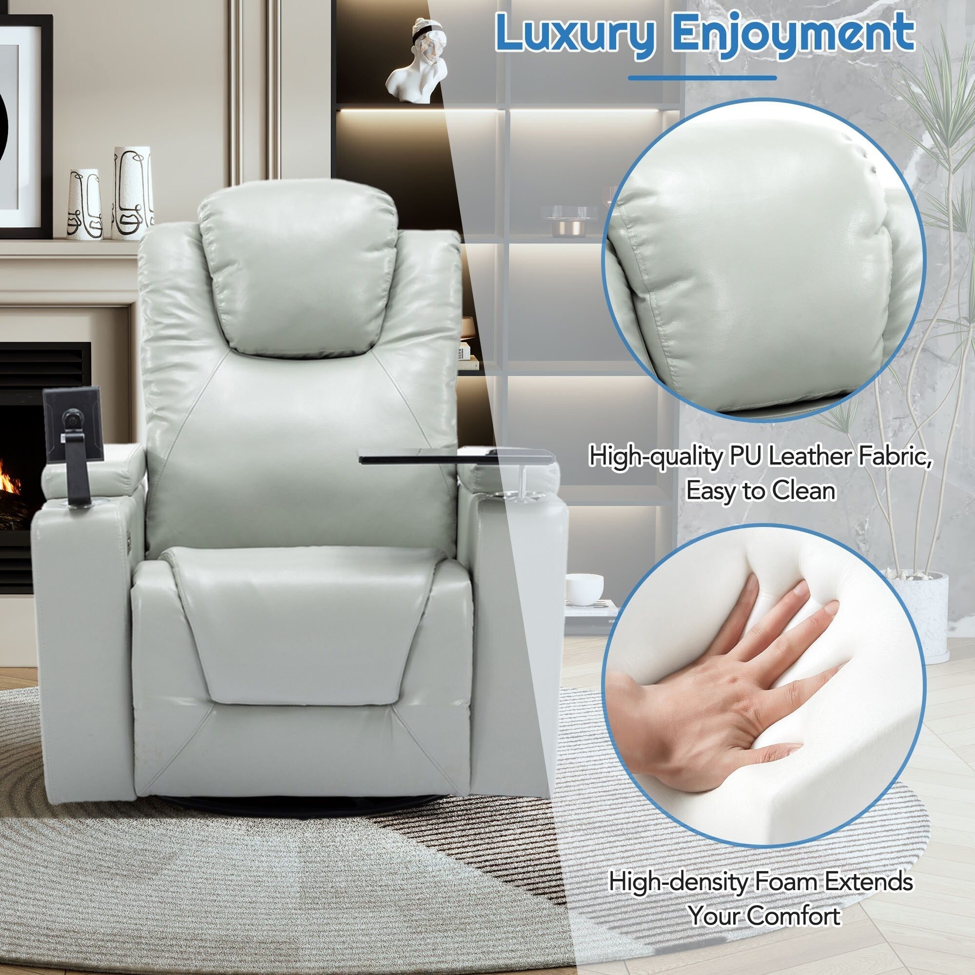 Fauteuil inclinable électrique pivotant à 270° en cuir PU avec son surround intégré, plateau amovible et rangement dissimulé pour les accoudoirs.