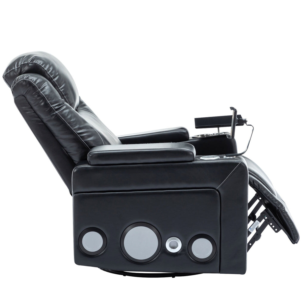 Fauteuil inclinable électrique pivotant à 270° en cuir PU avec son surround intégré, plateau amovible et rangement dissimulé pour les accoudoirs.