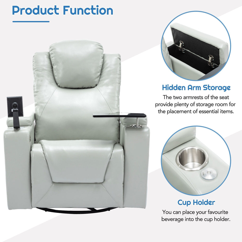 Fauteuil inclinable électrique pivotant à 270° en cuir PU avec son surround intégré, plateau amovible et rangement dissimulé pour les accoudoirs.