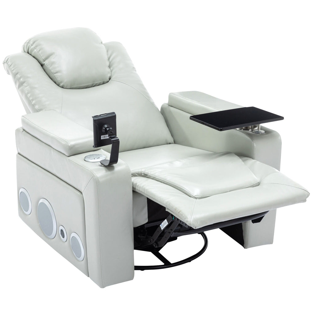 Fauteuil inclinable électrique pivotant à 270° en cuir PU avec son surround intégré, plateau amovible et rangement dissimulé pour les accoudoirs.