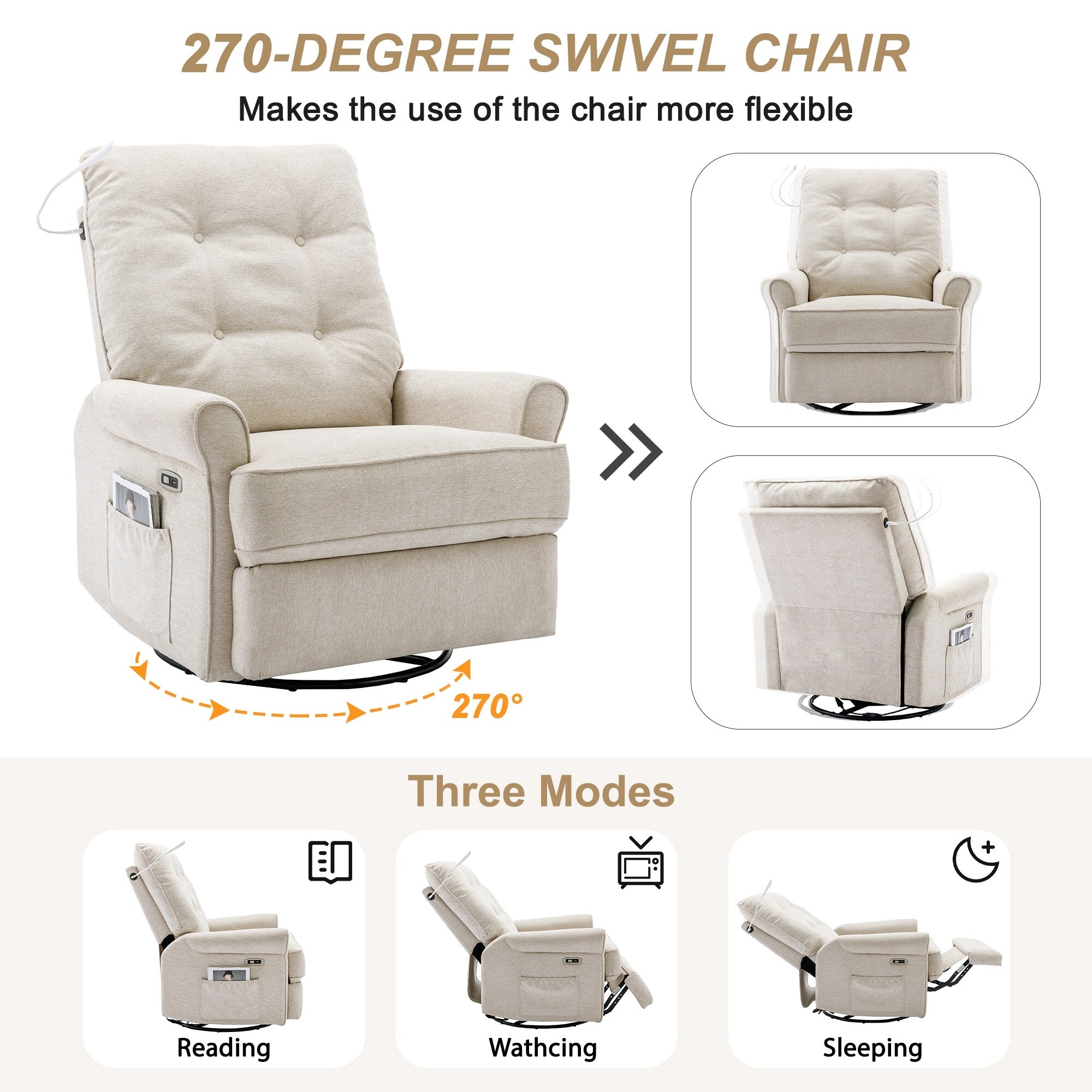 Fauteuil inclinable pivotant à 270° Roomfitters avec port de chargement USB, poche de rangement latérale et lampe tactile, couleur crème