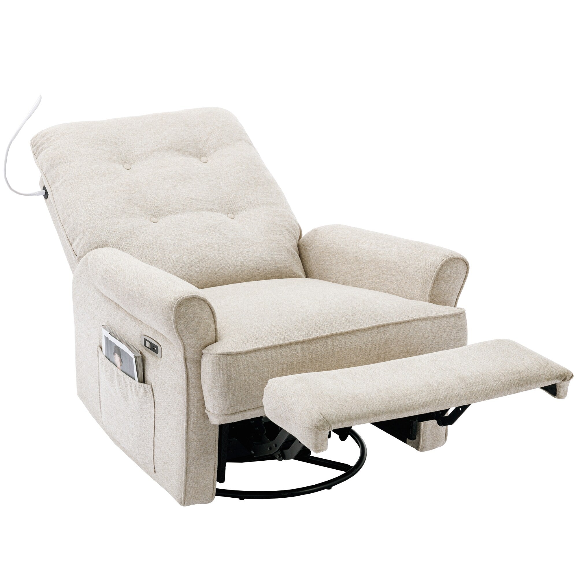 Fauteuil inclinable pivotant à 270° Roomfitters avec port de chargement USB, poche de rangement latérale et lampe tactile, couleur crème