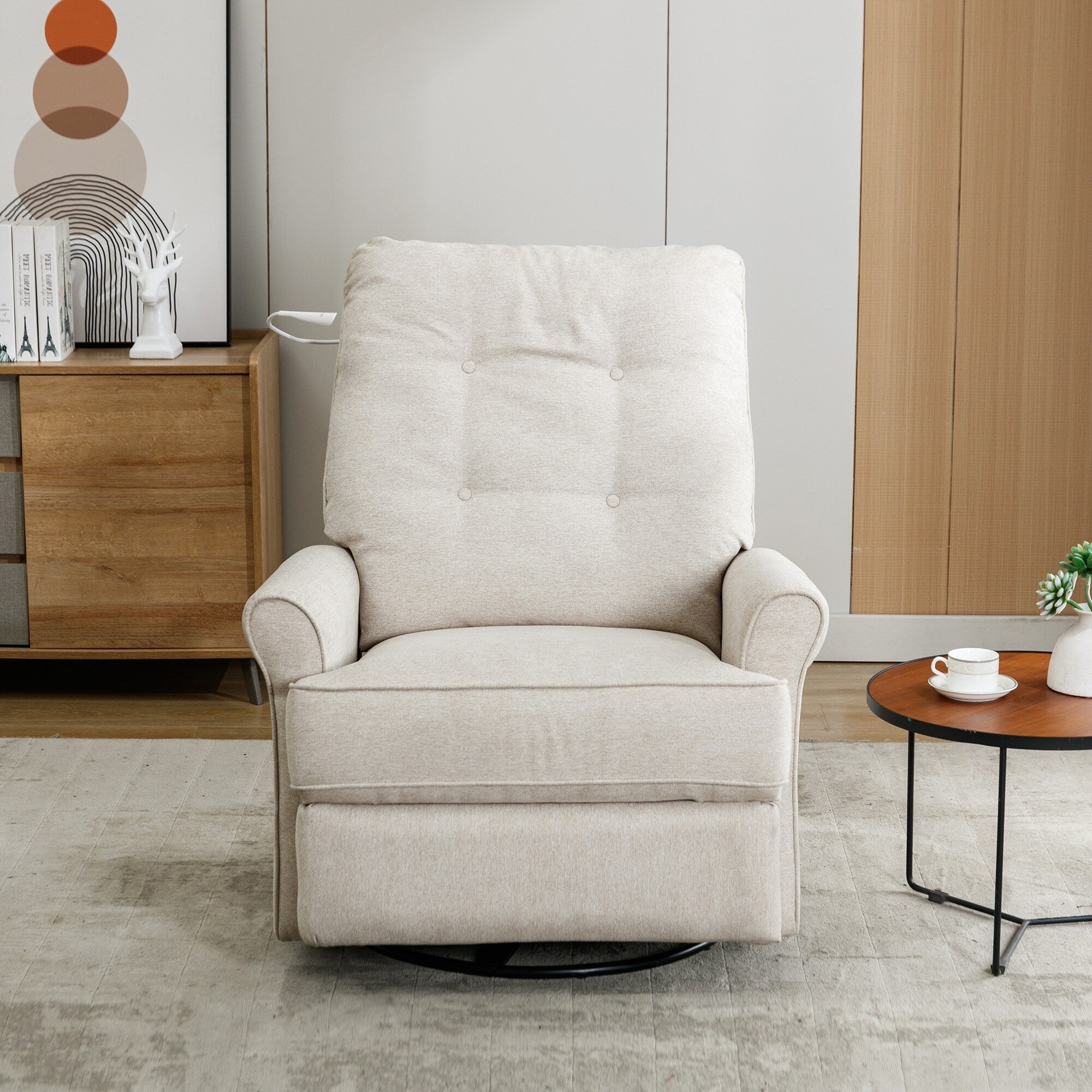 Fauteuil inclinable pivotant à 270° Roomfitters avec port de chargement USB, poche de rangement latérale et lampe tactile, couleur crème