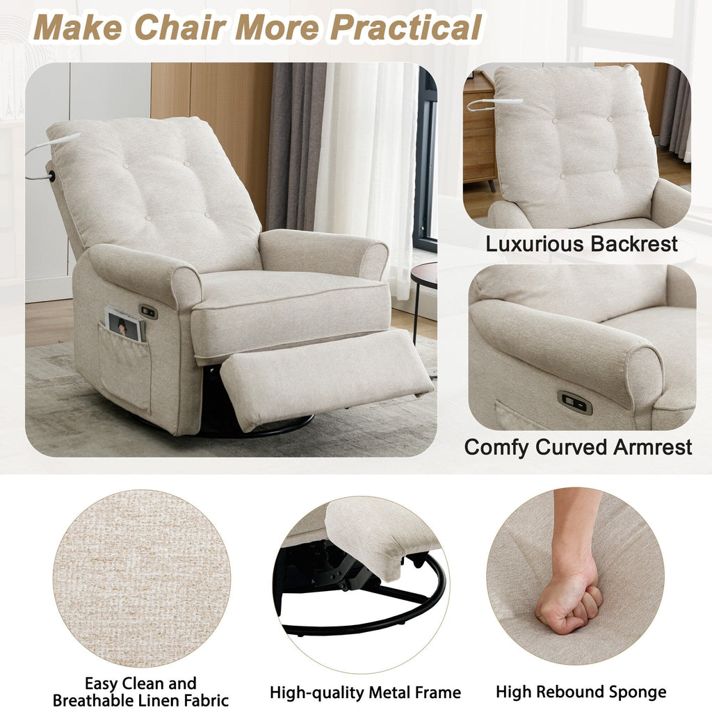 Fauteuil inclinable pivotant à 270° Roomfitters avec port de chargement USB, poche de rangement latérale et lampe tactile, couleur crème