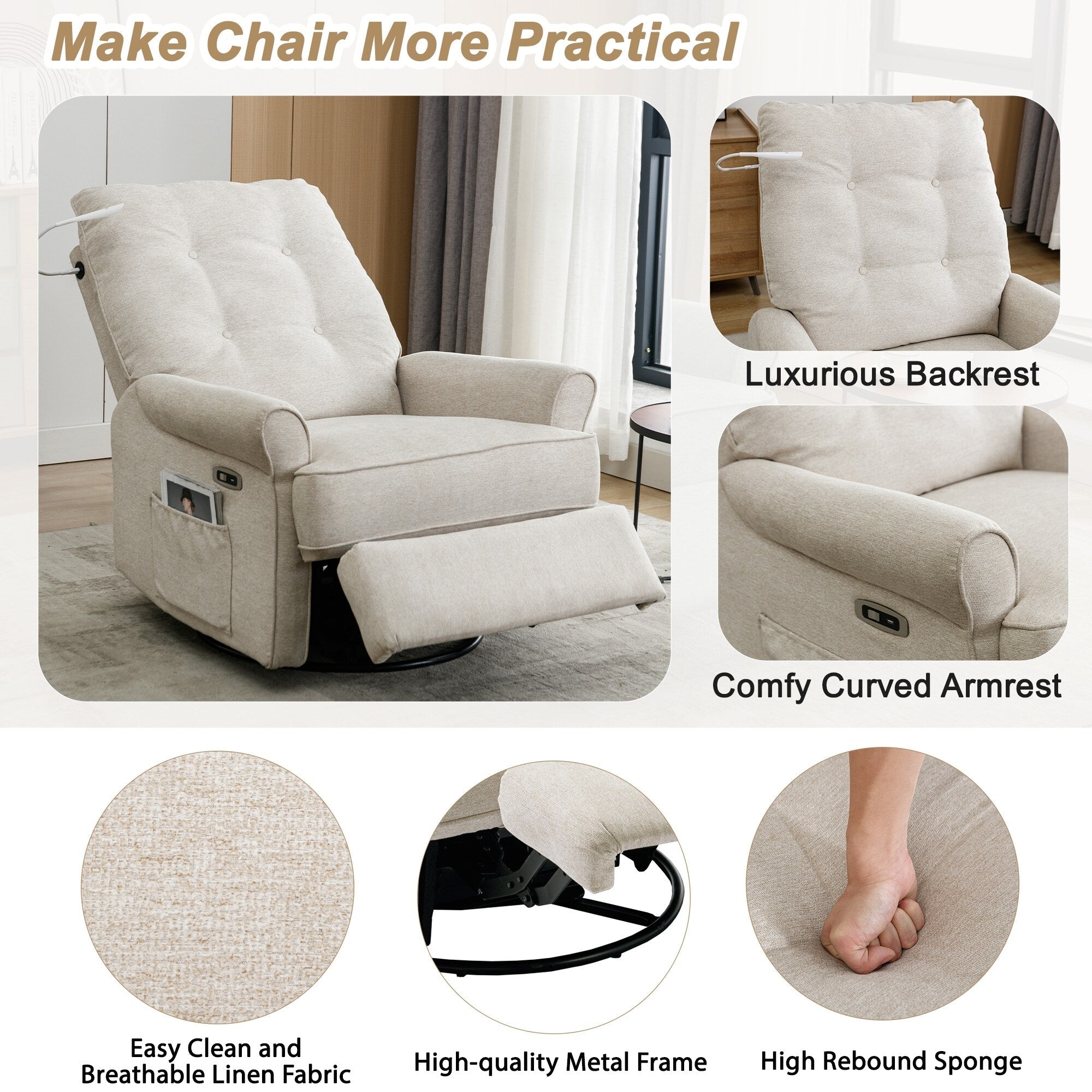 Fauteuil inclinable pivotant à 270° Roomfitters avec port de chargement USB, poche de rangement latérale et lampe tactile, couleur crème
