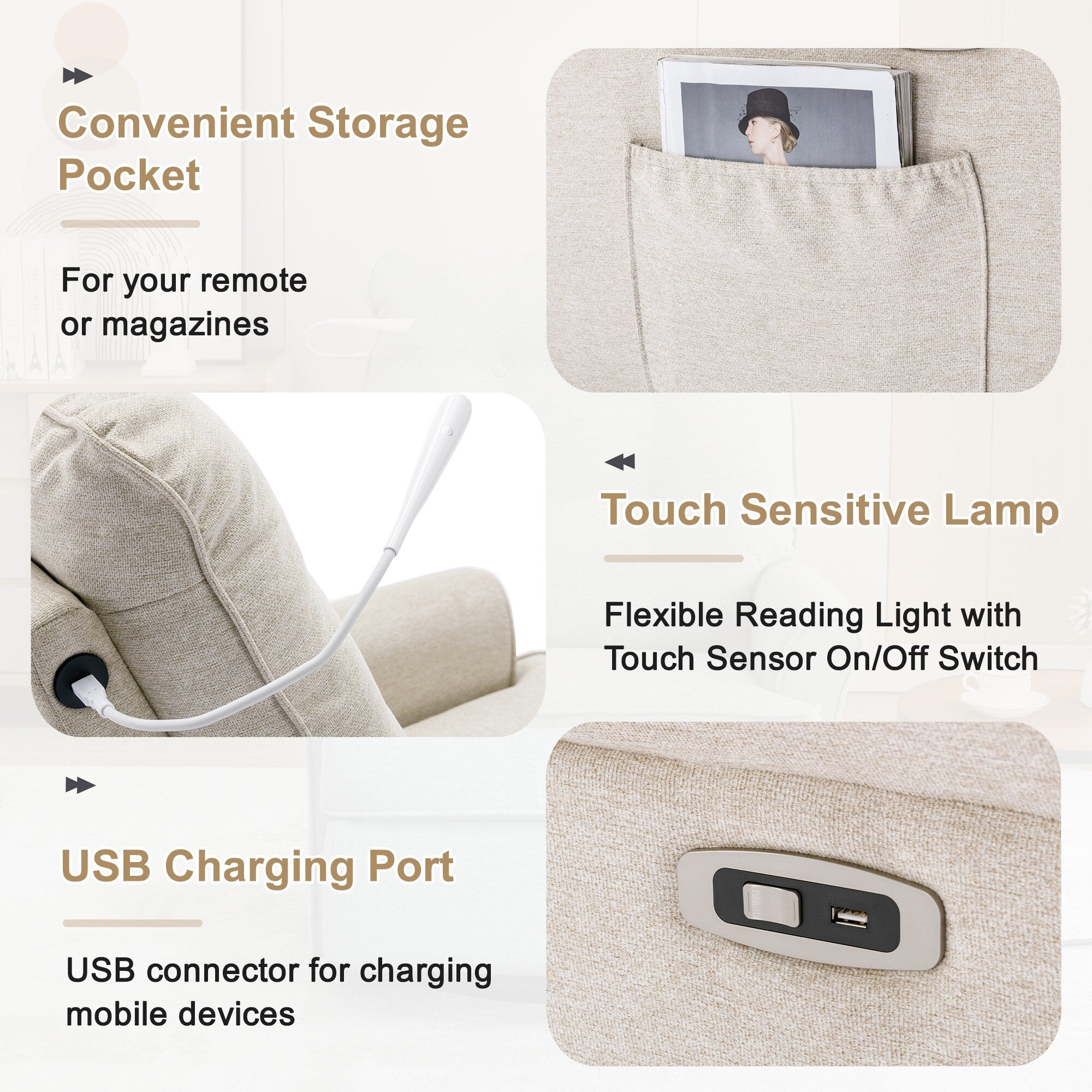 Fauteuil inclinable pivotant à 270° Roomfitters avec port de chargement USB, poche de rangement latérale et lampe tactile, couleur crème