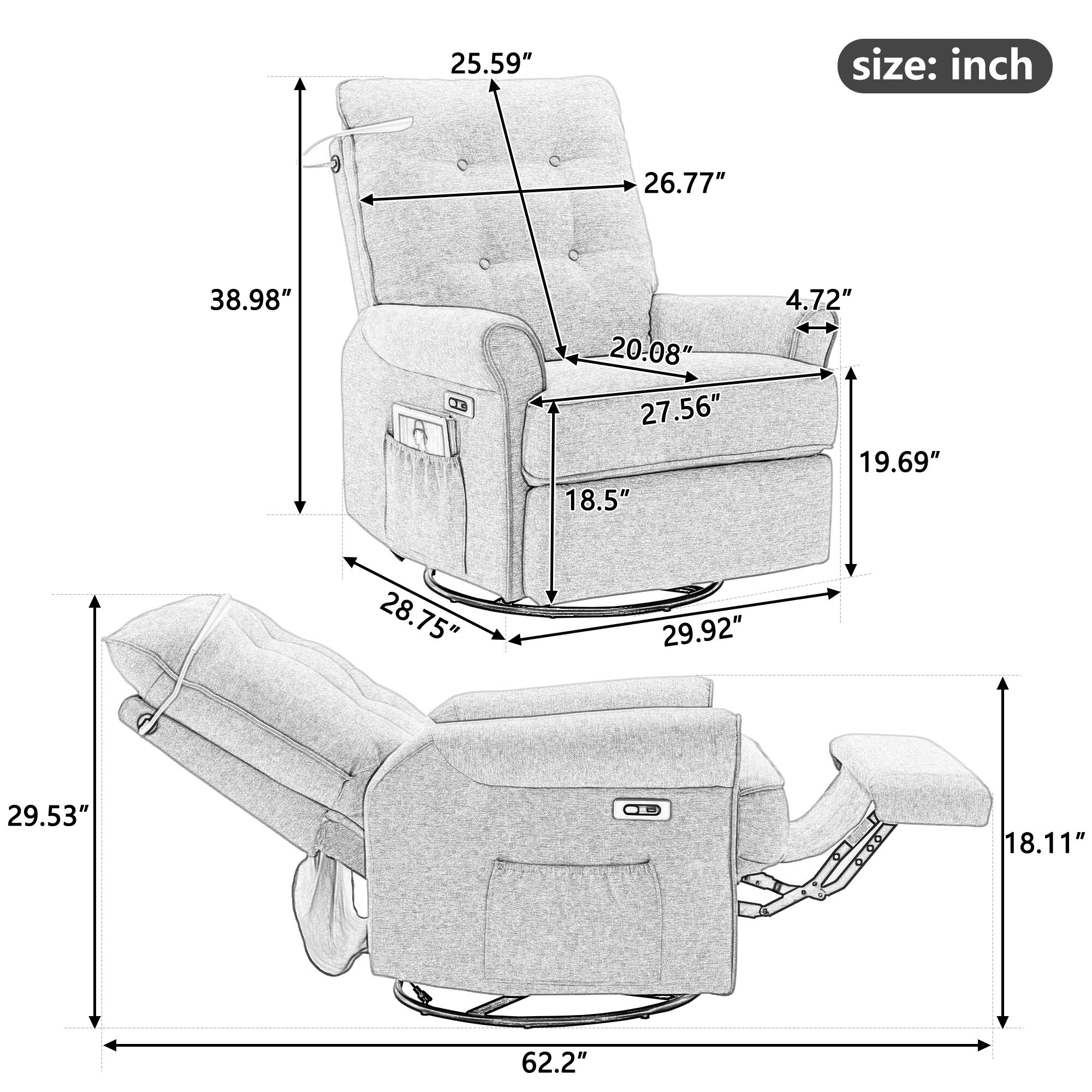 Fauteuil inclinable pivotant à 270° Roomfitters avec port de chargement USB, poche de rangement latérale et lampe tactile, couleur crème