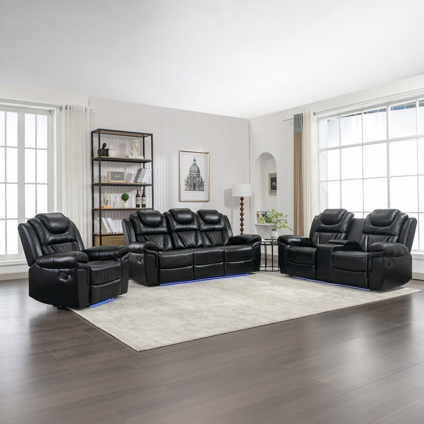 Ensemble de canapés inclinables 3 pièces Roomfitters avec fauteuils inclinables manuels, rangement dans la console centrale et éclairage d'ambiance doux