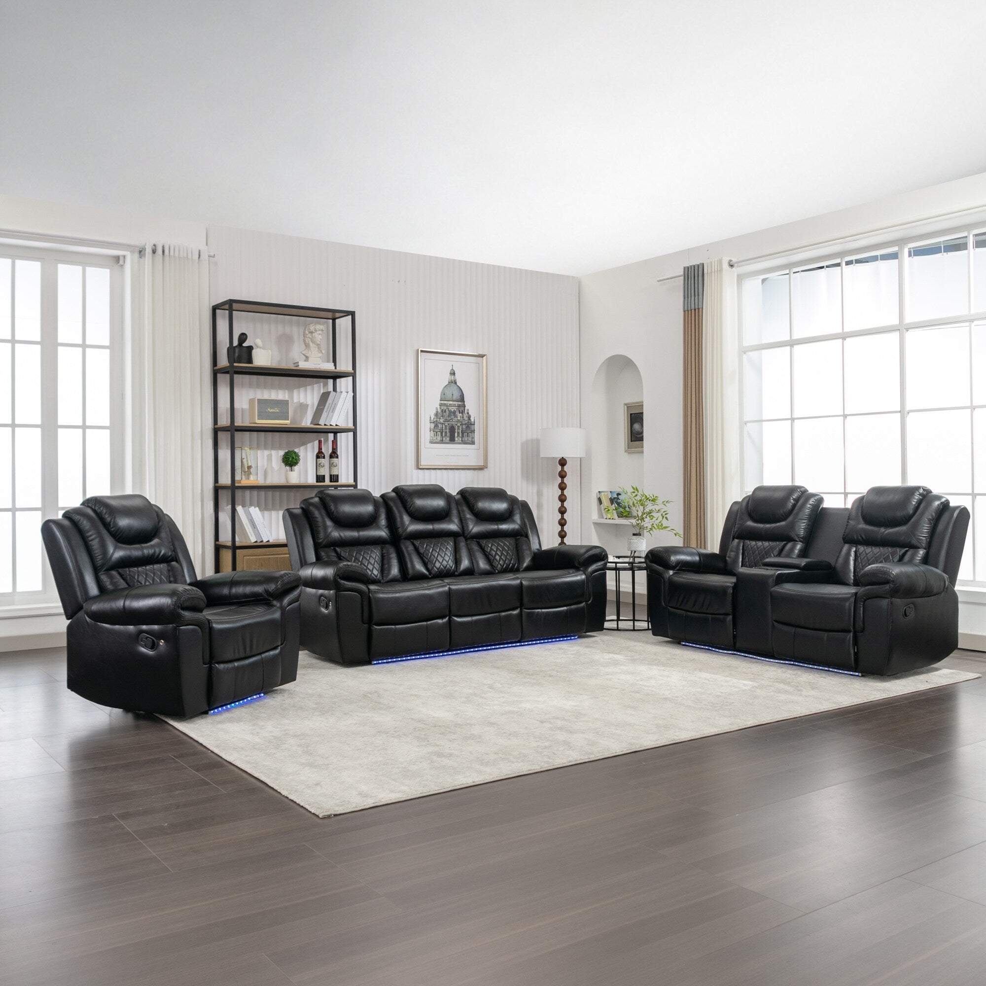 Ensemble de canapés inclinables 3 pièces Roomfitters avec fauteuils inclinables manuels, rangement dans la console centrale et éclairage d'ambiance doux