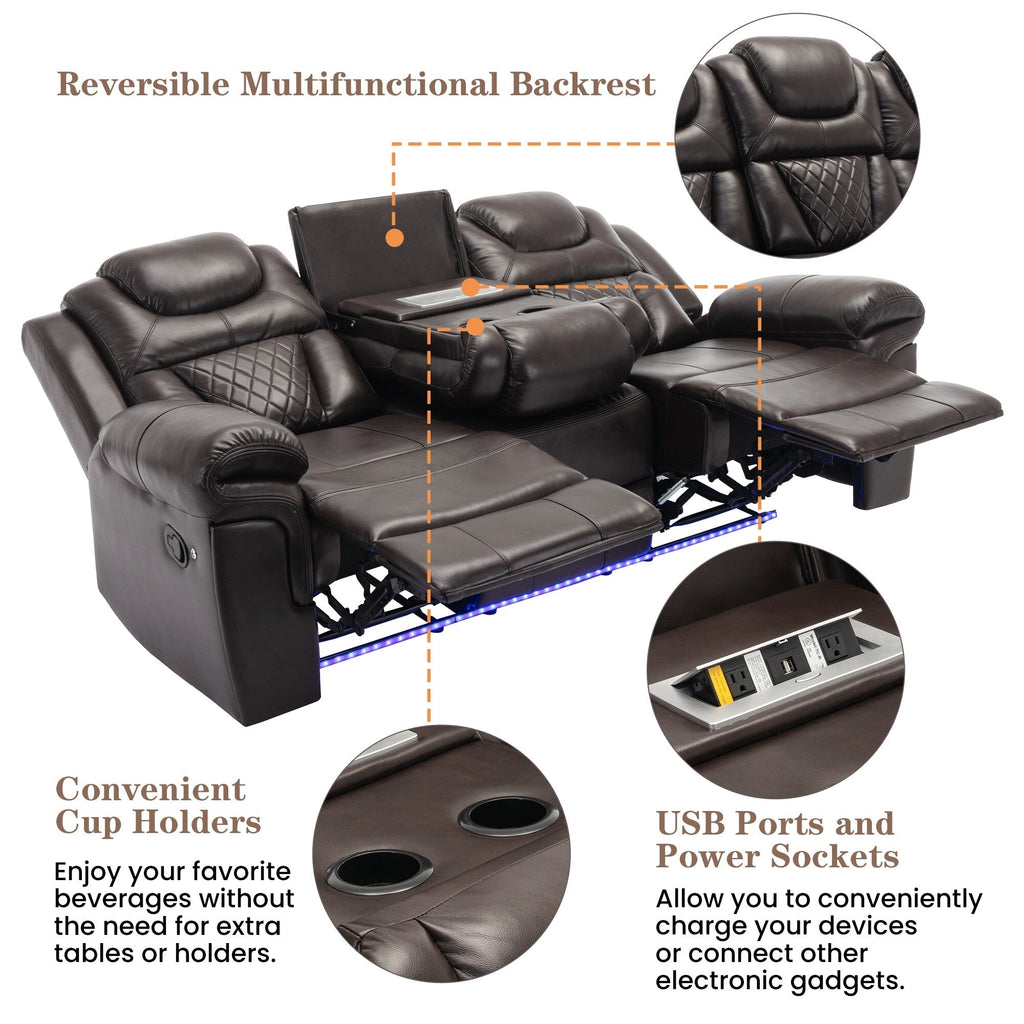 Ensemble de canapés inclinables 3 pièces Roomfitters avec fauteuils inclinables manuels, rangement dans la console centrale et éclairage d'ambiance doux