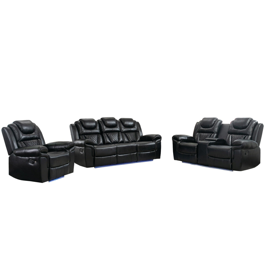 Ensemble de canapés inclinables 3 pièces Roomfitters avec fauteuils inclinables manuels, rangement dans la console centrale et éclairage d'ambiance doux