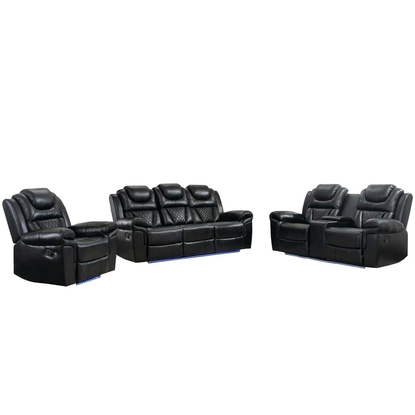 Ensemble de canapés inclinables 3 pièces Roomfitters avec fauteuils inclinables manuels, rangement dans la console centrale et éclairage d'ambiance doux
