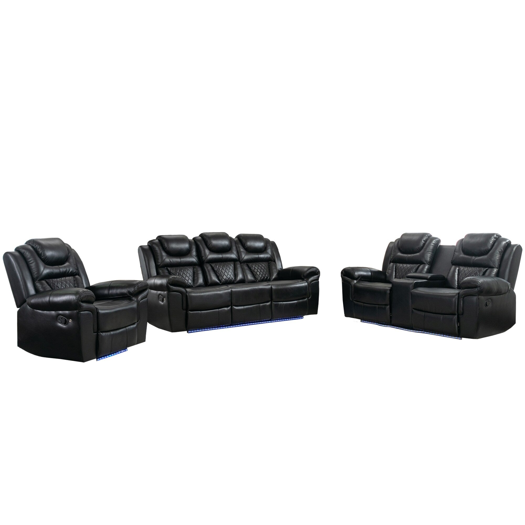 Ensemble de canapés inclinables 3 pièces Roomfitters avec fauteuils inclinables manuels, rangement dans la console centrale et éclairage d'ambiance doux