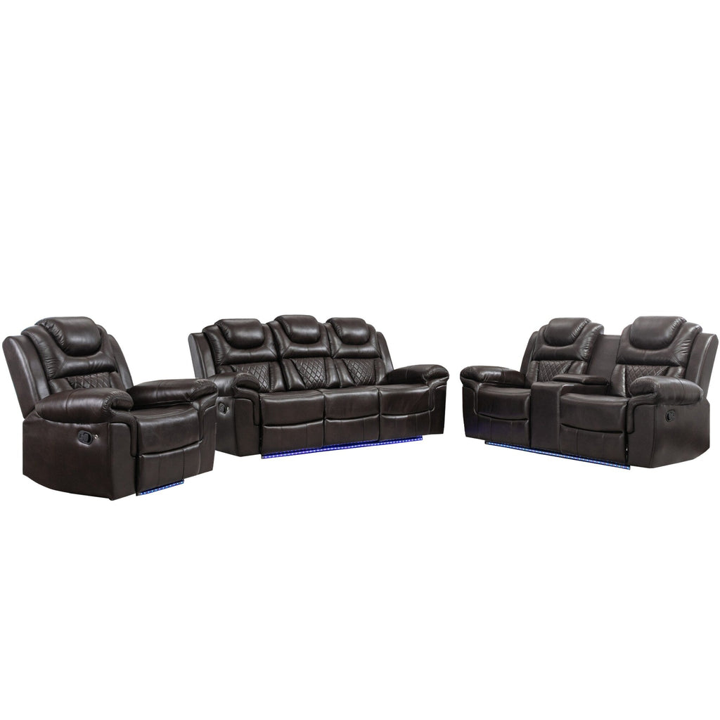 Ensemble de canapés inclinables 3 pièces Roomfitters avec fauteuils inclinables manuels, rangement dans la console centrale et éclairage d'ambiance doux