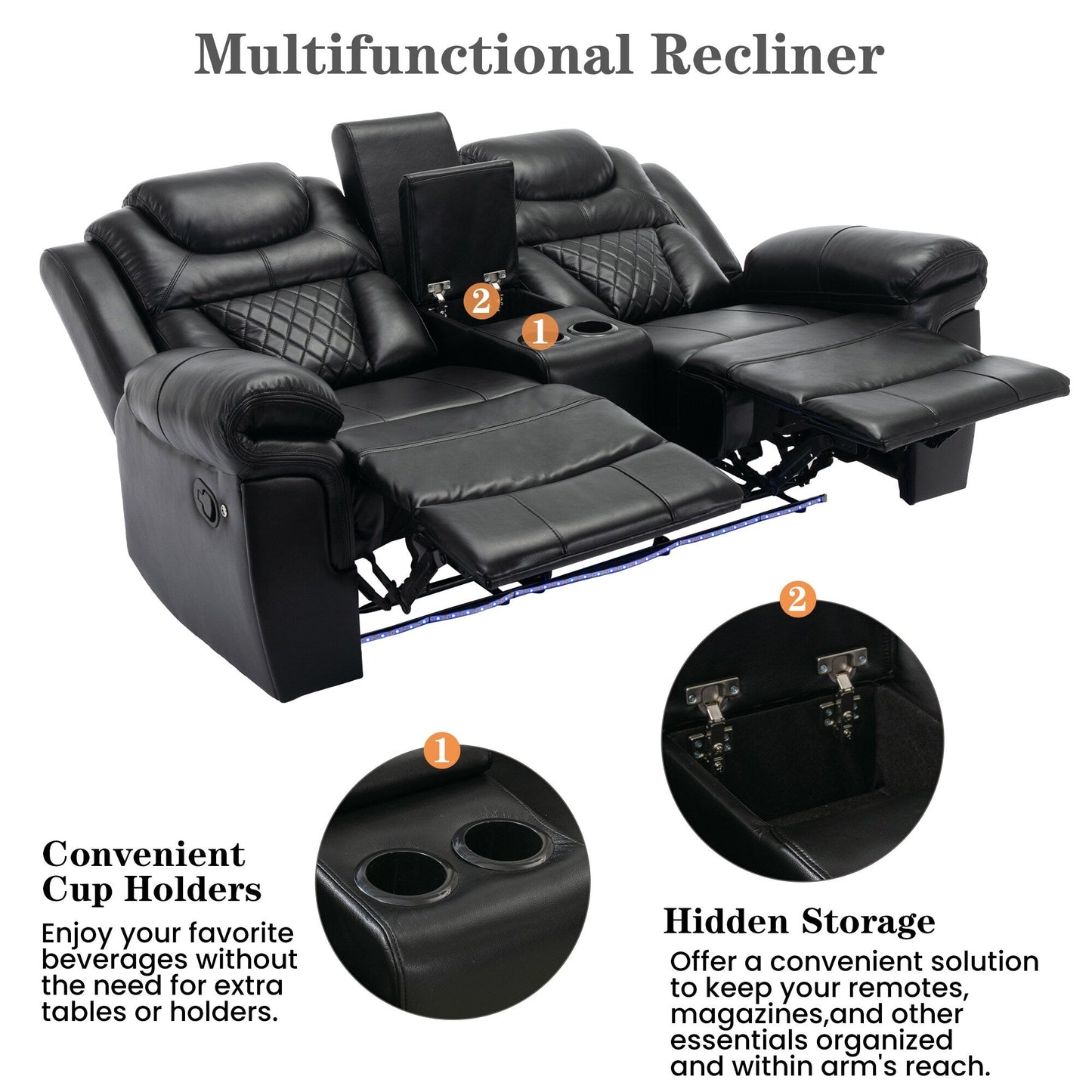 Ensemble de canapés inclinables 3 pièces Roomfitters avec fauteuils inclinables manuels, rangement dans la console centrale et éclairage d'ambiance doux