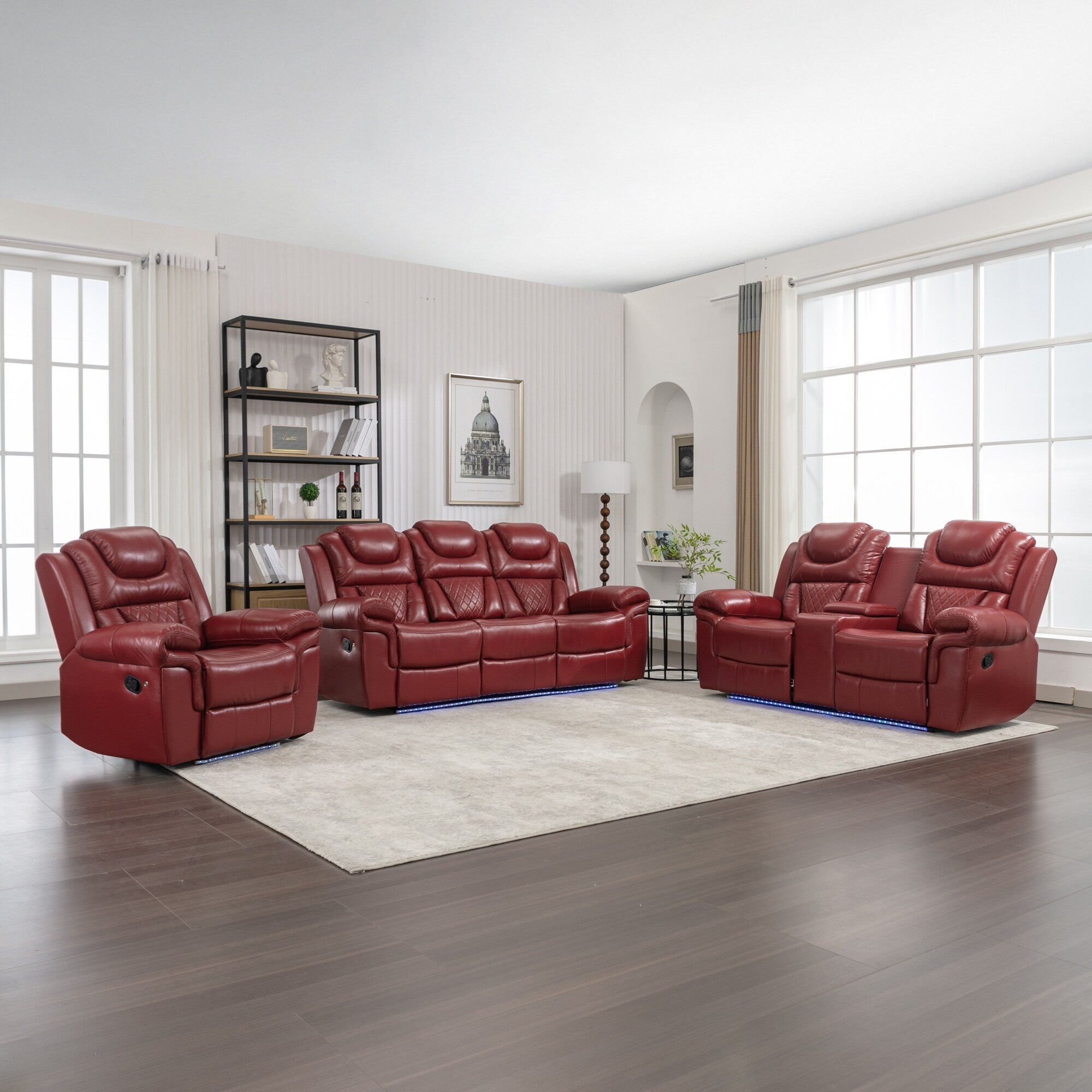 Ensemble de canapés inclinables 3 pièces Roomfitters avec fauteuils inclinables manuels, rangement dans la console centrale et éclairage d'ambiance doux