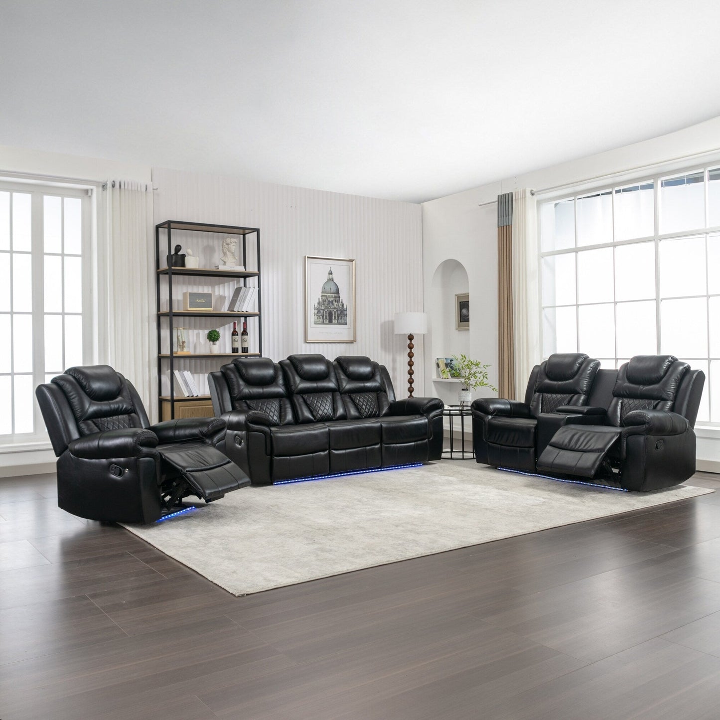 Ensemble de canapés inclinables 3 pièces Roomfitters avec fauteuils inclinables manuels, rangement dans la console centrale et éclairage d'ambiance doux