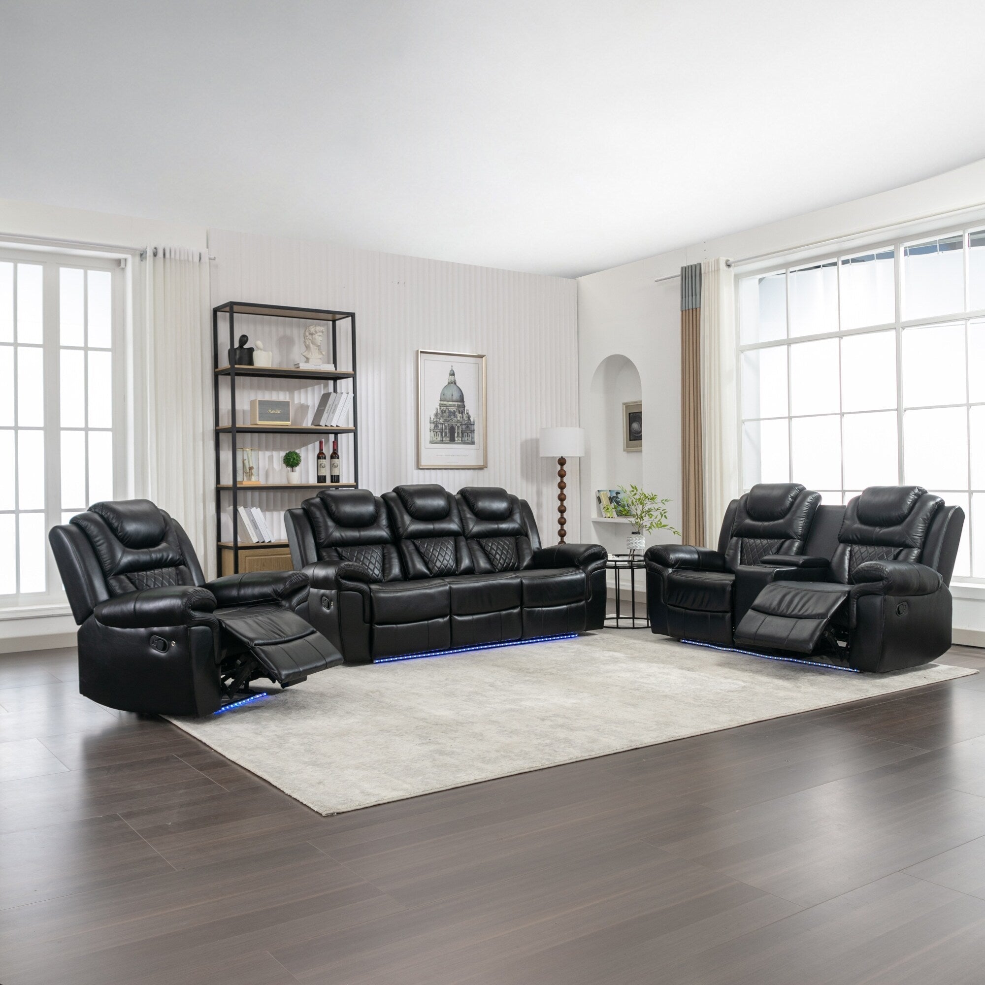 Ensemble de canapés inclinables 3 pièces Roomfitters avec fauteuils inclinables manuels, rangement dans la console centrale et éclairage d'ambiance doux