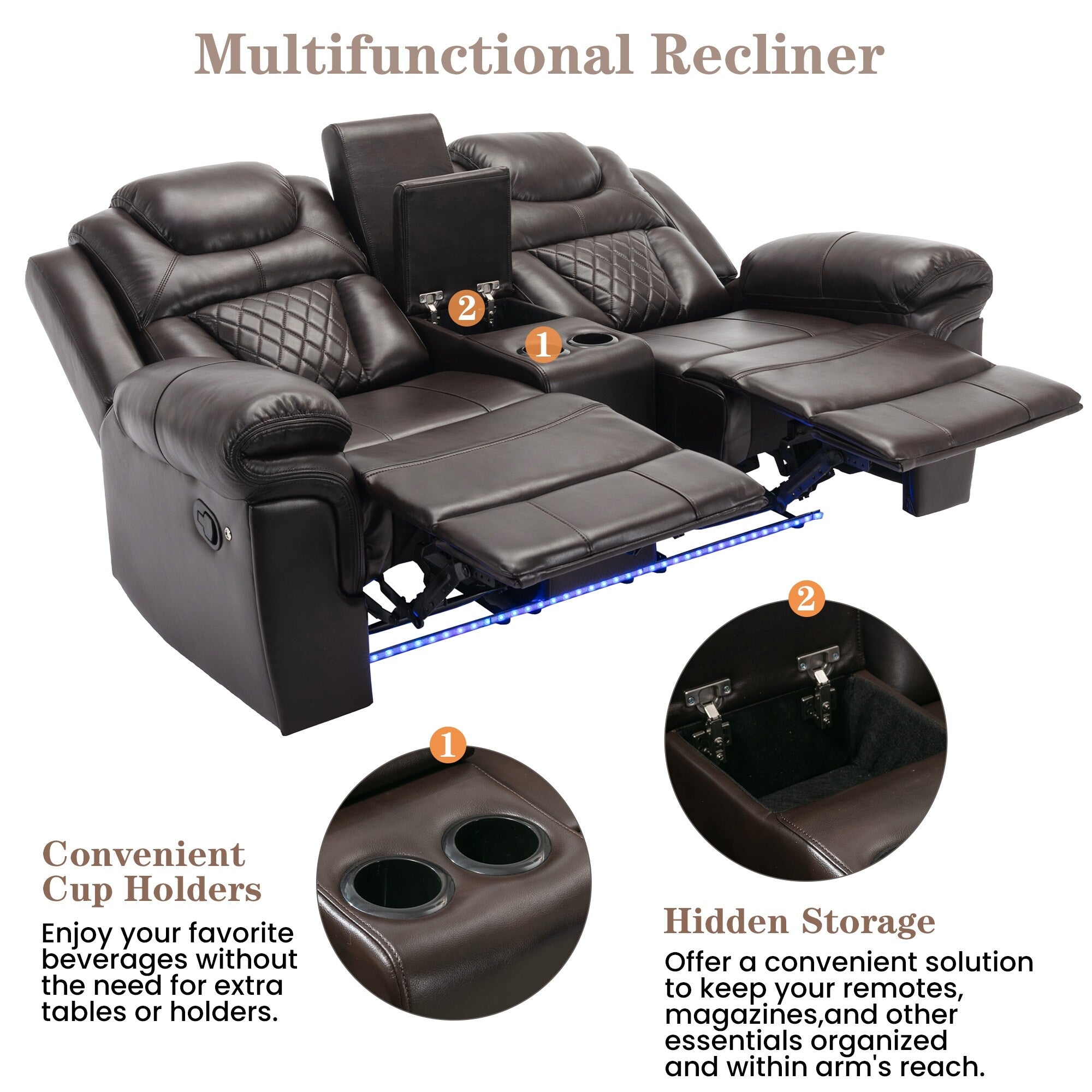 Ensemble de canapés inclinables 3 pièces Roomfitters avec fauteuils inclinables manuels, rangement dans la console centrale et éclairage d'ambiance doux