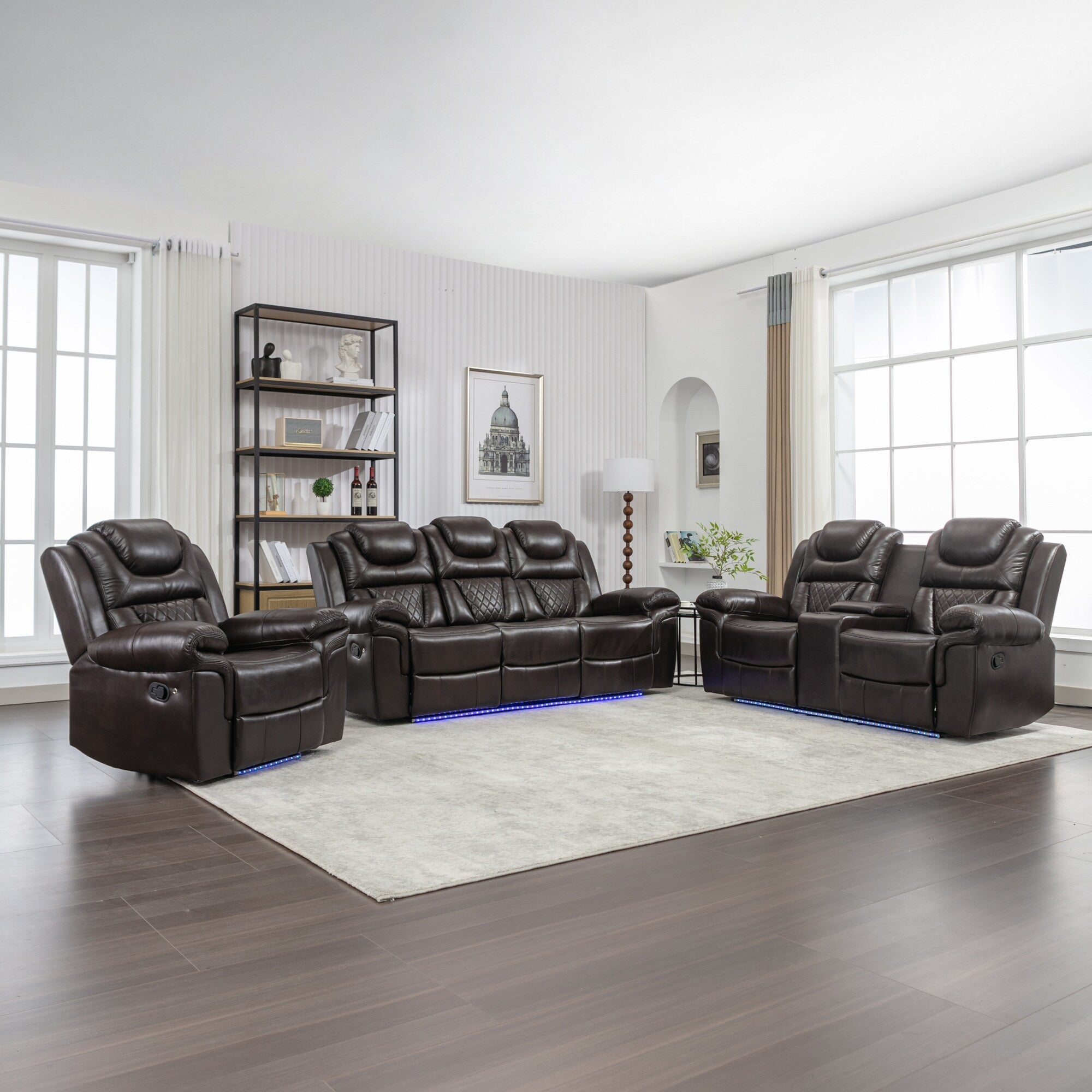 Ensemble de canapés inclinables 3 pièces Roomfitters avec fauteuils inclinables manuels, rangement dans la console centrale et éclairage d'ambiance doux