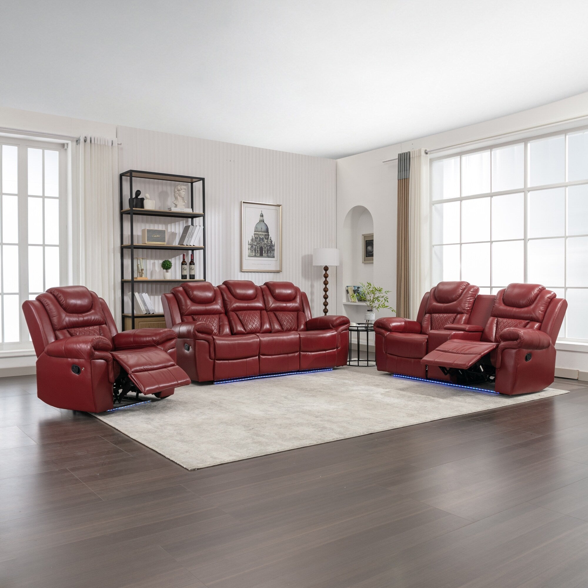 Ensemble de canapés inclinables 3 pièces Roomfitters avec fauteuils inclinables manuels, rangement dans la console centrale et éclairage d'ambiance doux